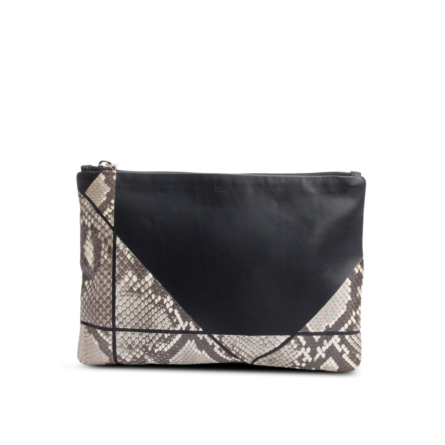 Christian Dior Grey Python Black Leather Trim Zip Pouch