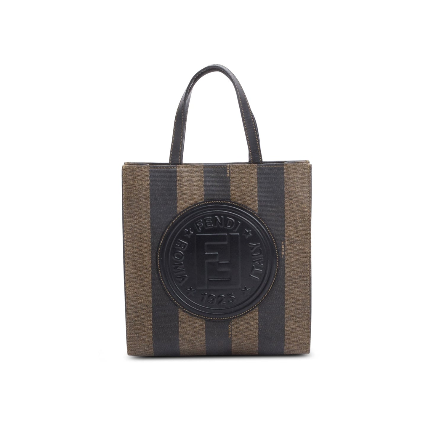 Fendi Leather Trimmed Brown Pequin Logo Tote