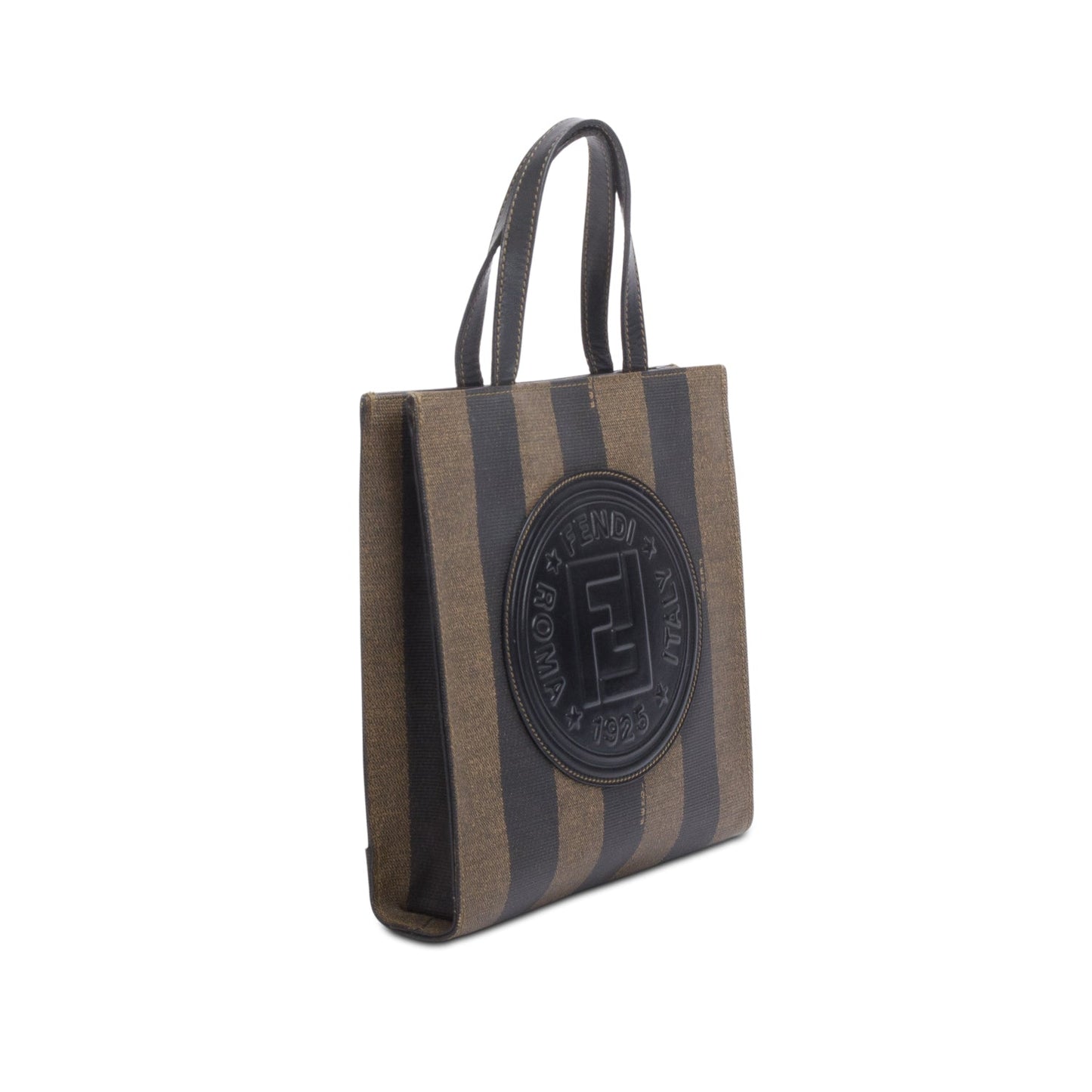 Fendi Leather Trimmed Brown Pequin Logo Tote