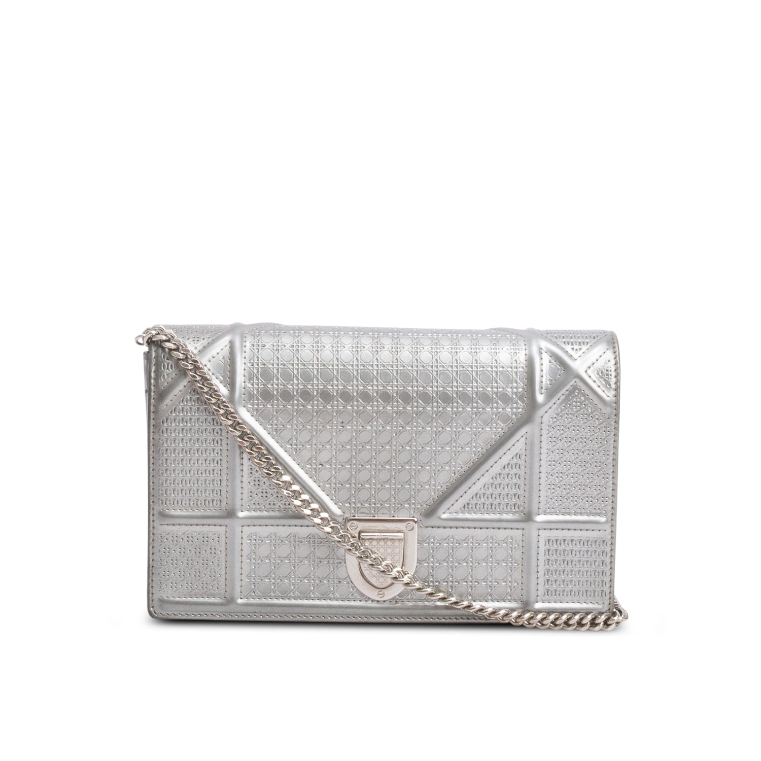 Christian Dior Silver Metallic Patent Calfskin Micro-Cannage Diorama Wallet on Chain