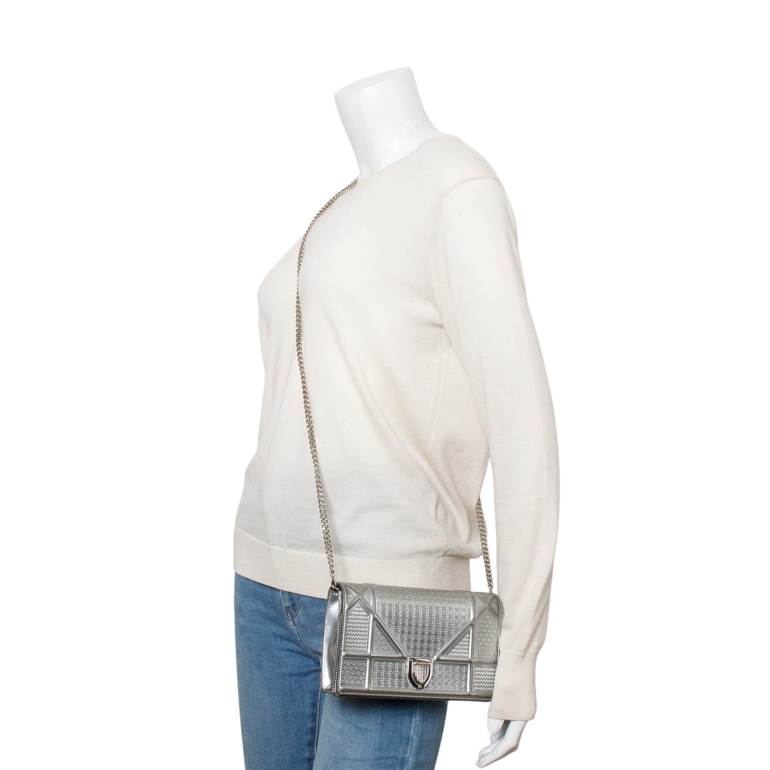 Christian Dior Silver Metallic Patent Calfskin Micro-Cannage Diorama Wallet on Chain