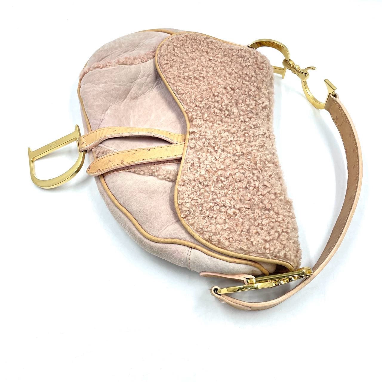 Dior Saddle Shoulder Bag Medium Shearling and Ostrich Leather Pink