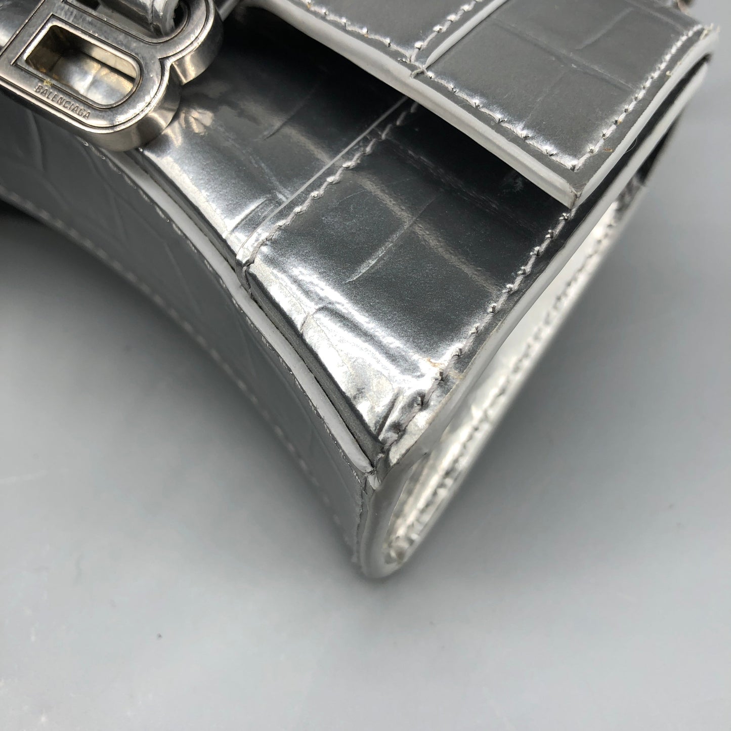 Balenciaga Silver Croc Embossed micro Hourglass Top Handle Bag
