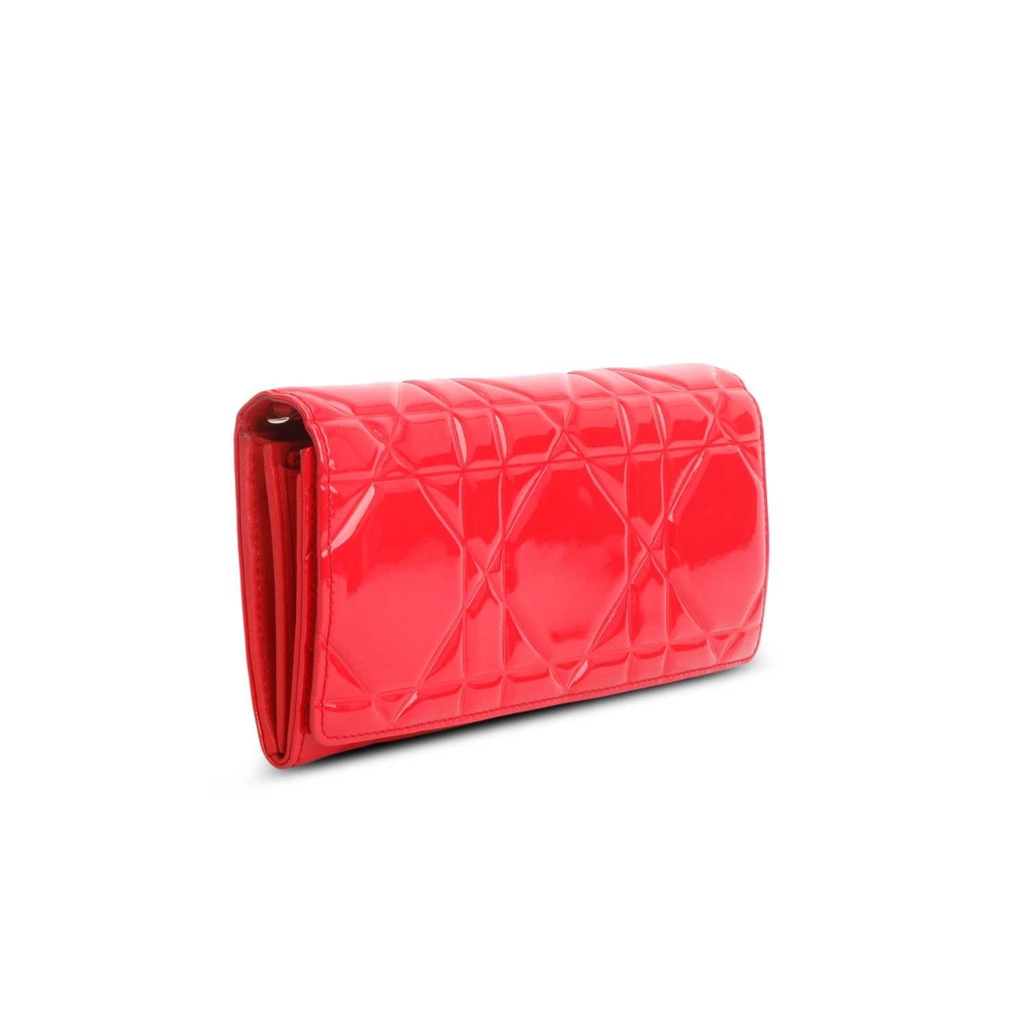 Christian Dior Red Patent Cannage Leather Lady Dior Rendezvous Wallet on Chain
