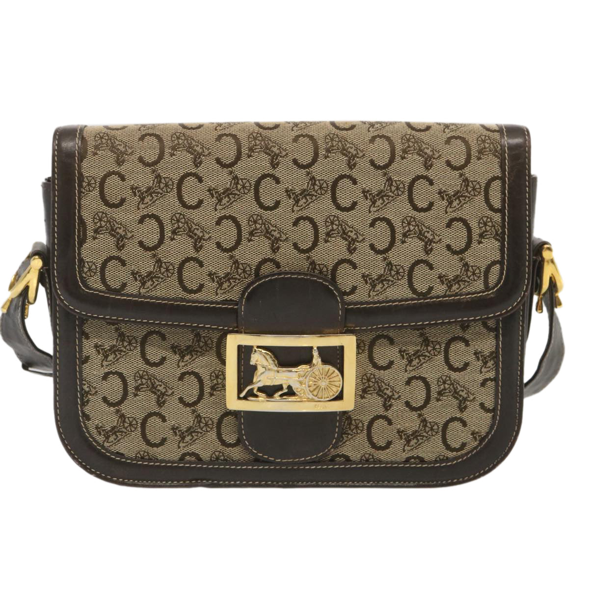 Luxury CELINE C Macadam Canvas Shoulder Bag Beige 69250