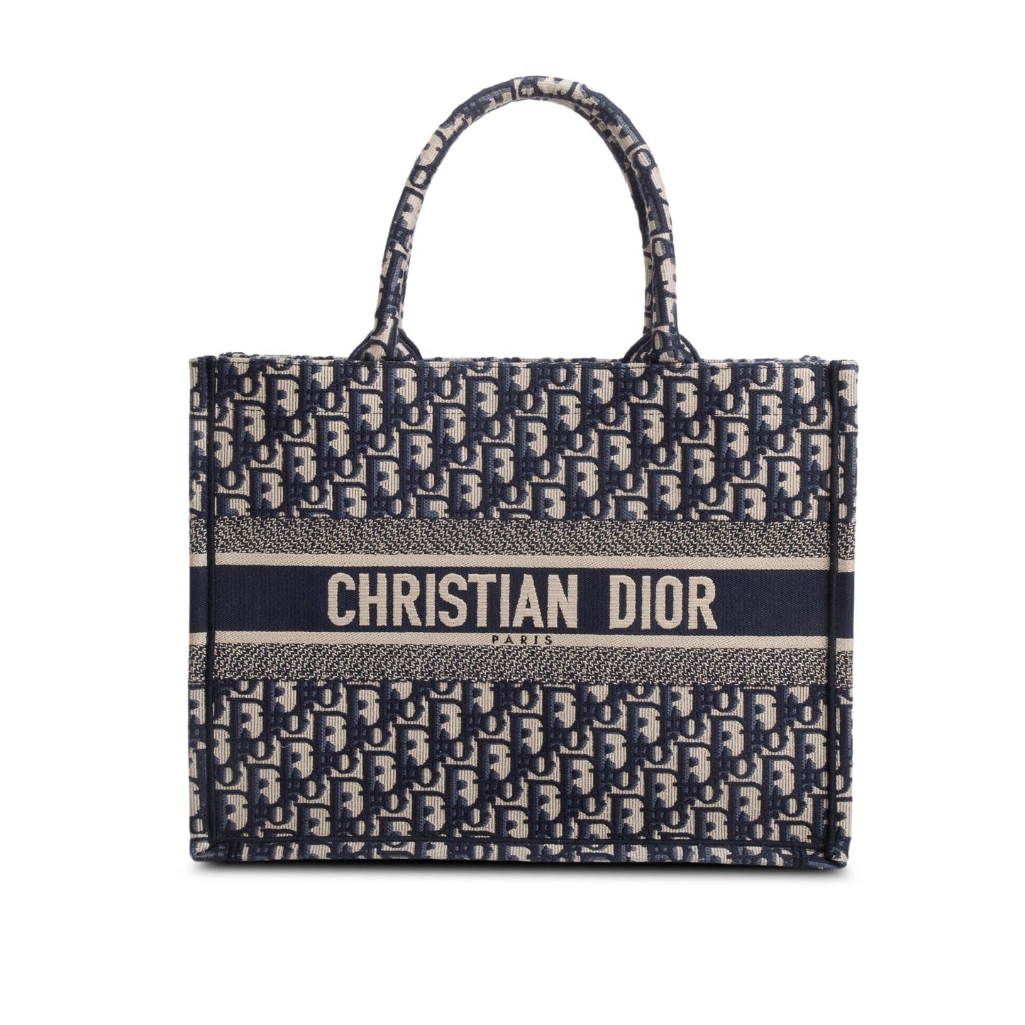 Christian Dior 2021 Ecru and Blue Oblique Embroidery Medium Book Tote