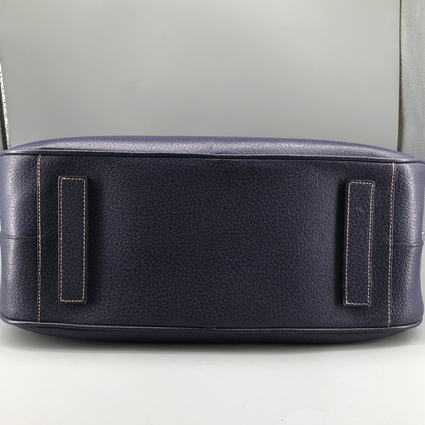 Prada Bauletto Medium Pebbled Leather Handbag Ink Blue