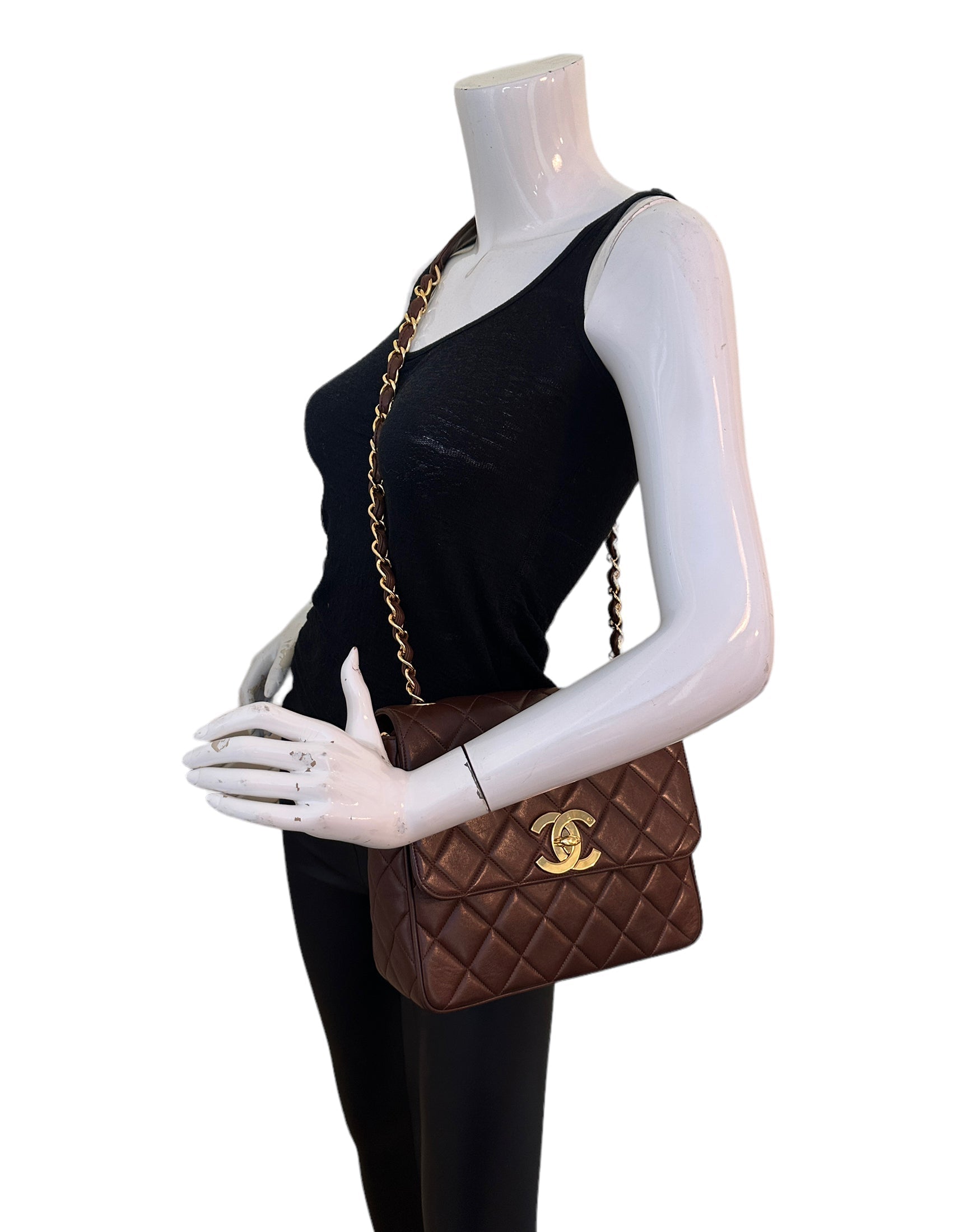 Chanel 1990s Brown Lambskin Leather CC Flap Bag - Rovelle Bags