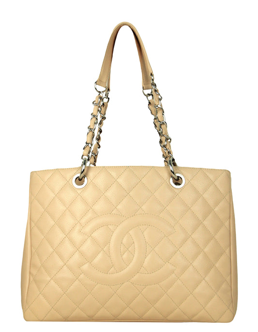 Chanel Beige Caviar Leather Quilted Grand Tote Bag - Rovelle Bags