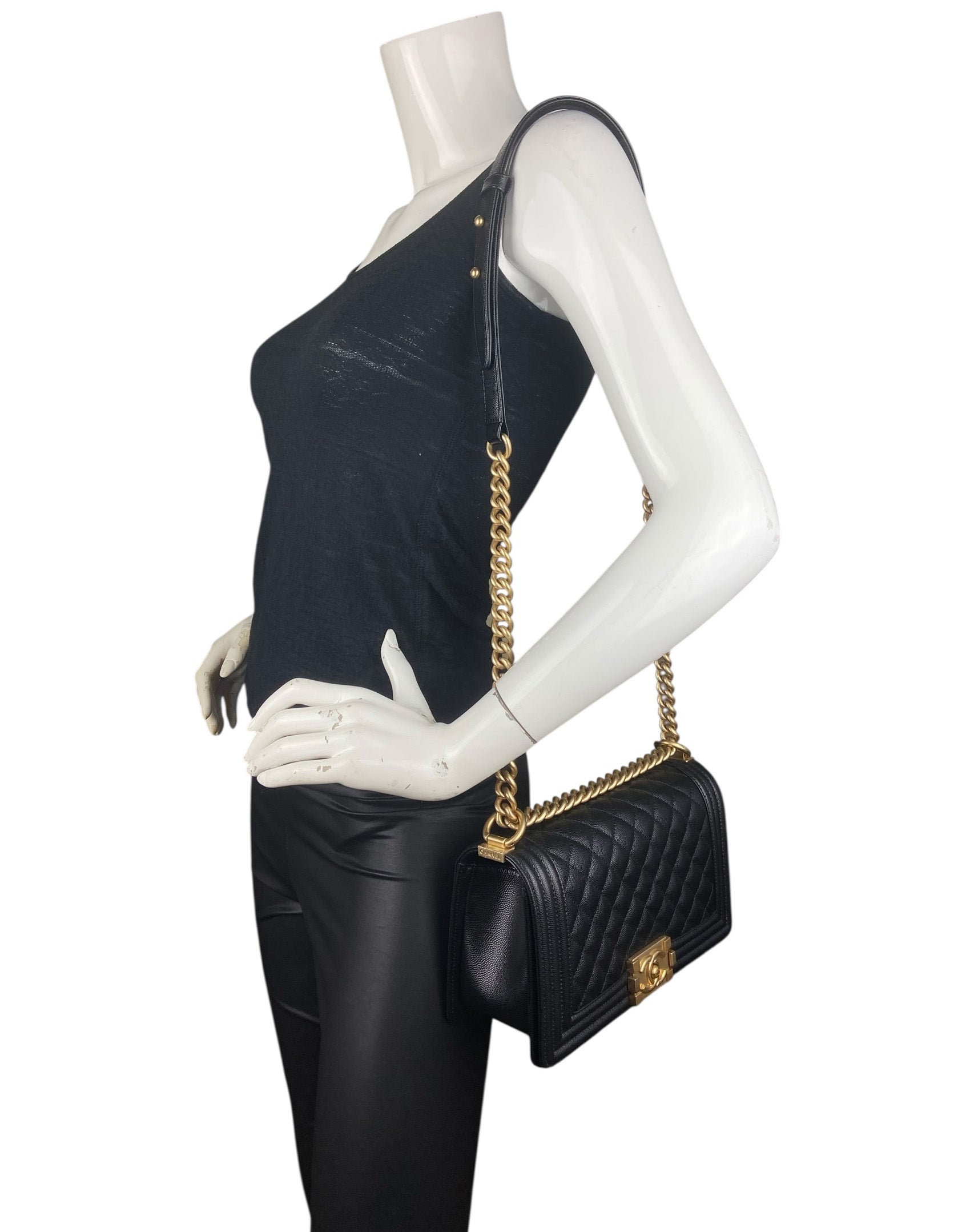 Chanel Black Caviar "Old" Medium Boy Handbag - Rovelle Bags