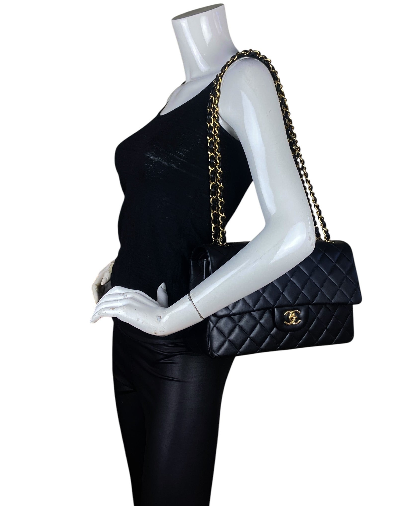 Chanel Black Lambskin Double Flap Jumbo Flap Bag - Rovelle Bags