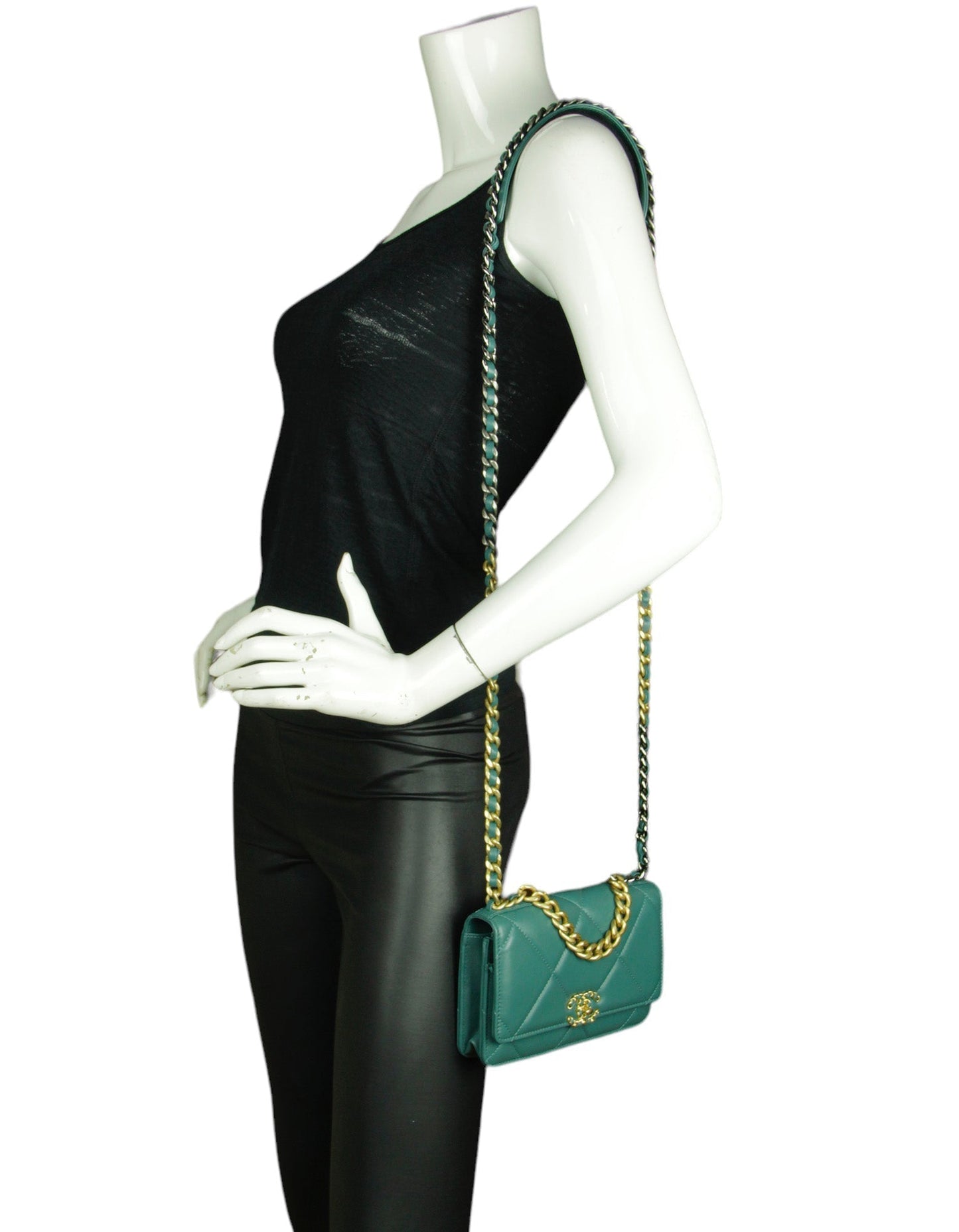 Chanel Blue-Green Lambskin Quilted 19 Wallet Crossbody Bag - Rovelle Bags