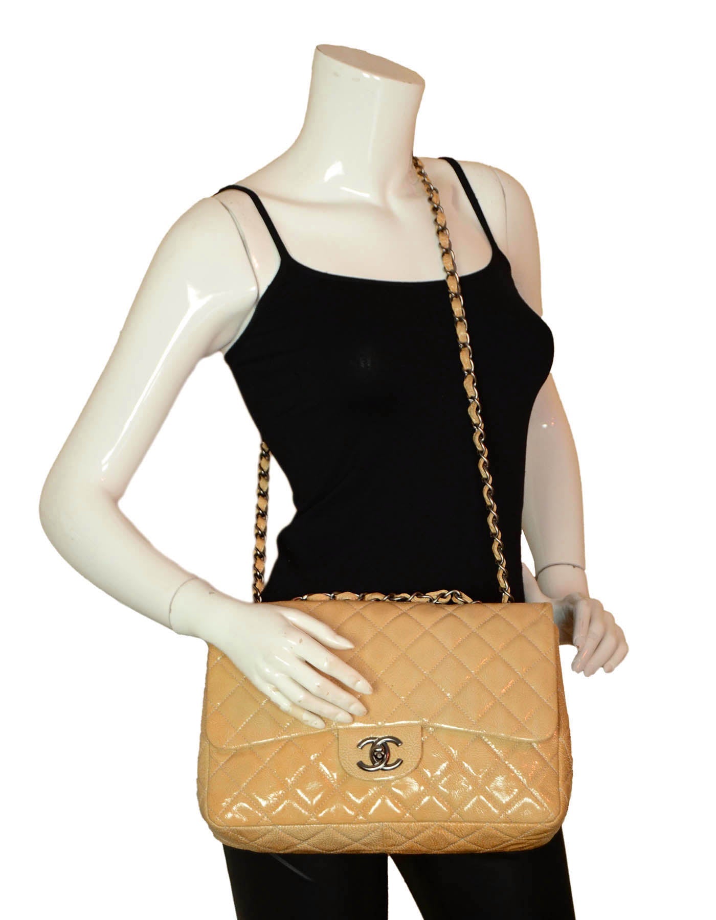 Chanel Cream Crumpled Patent Quilted Single Flap Bag - Rovelle Bags