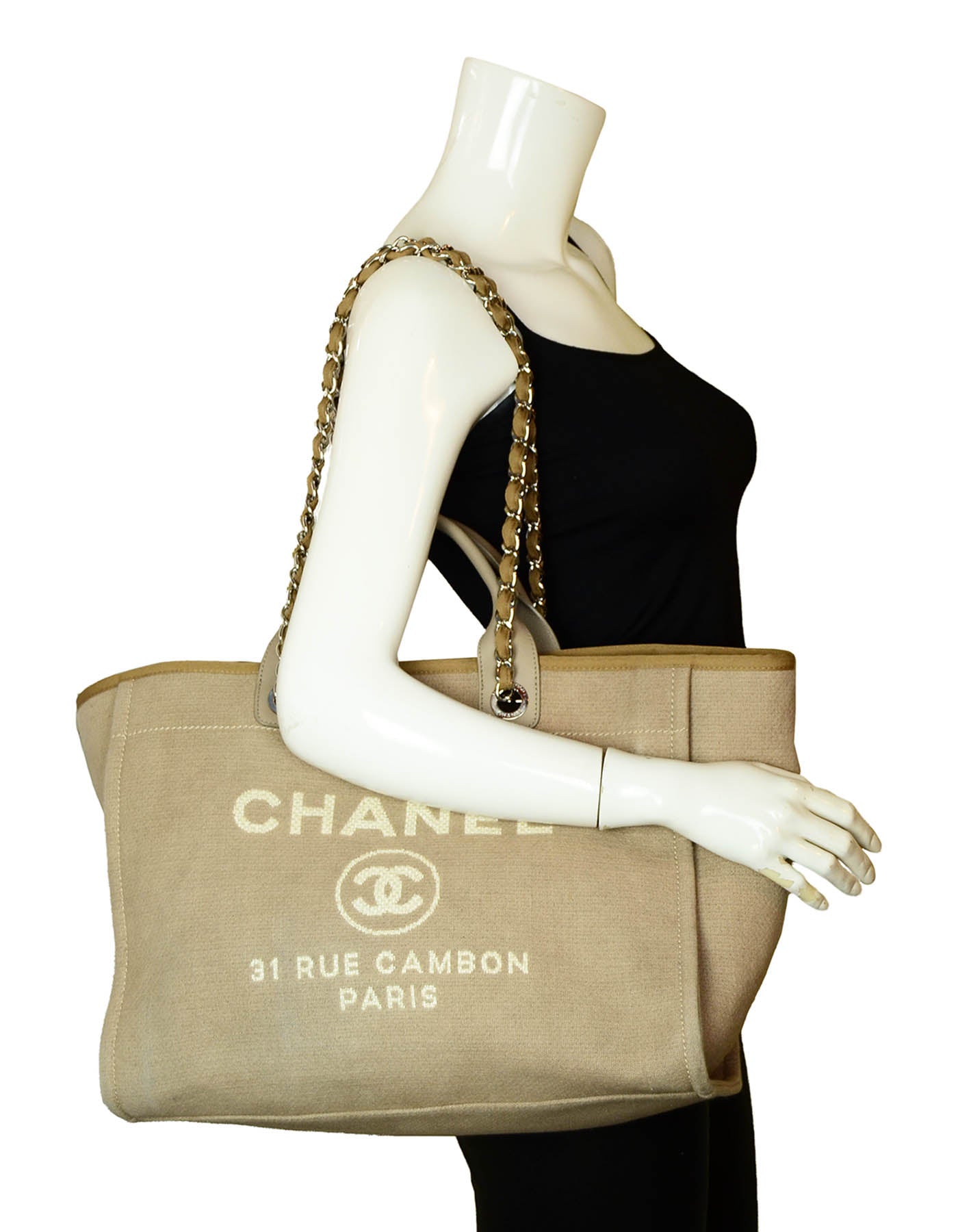 Chanel Ecru Beige Canvas Medium Deauville Tote Bag - Rovelle Bags