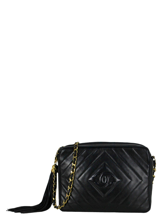 Chanel Black Lambskin Leather Diamond Quilted Camera Bag - Rovelle Bags