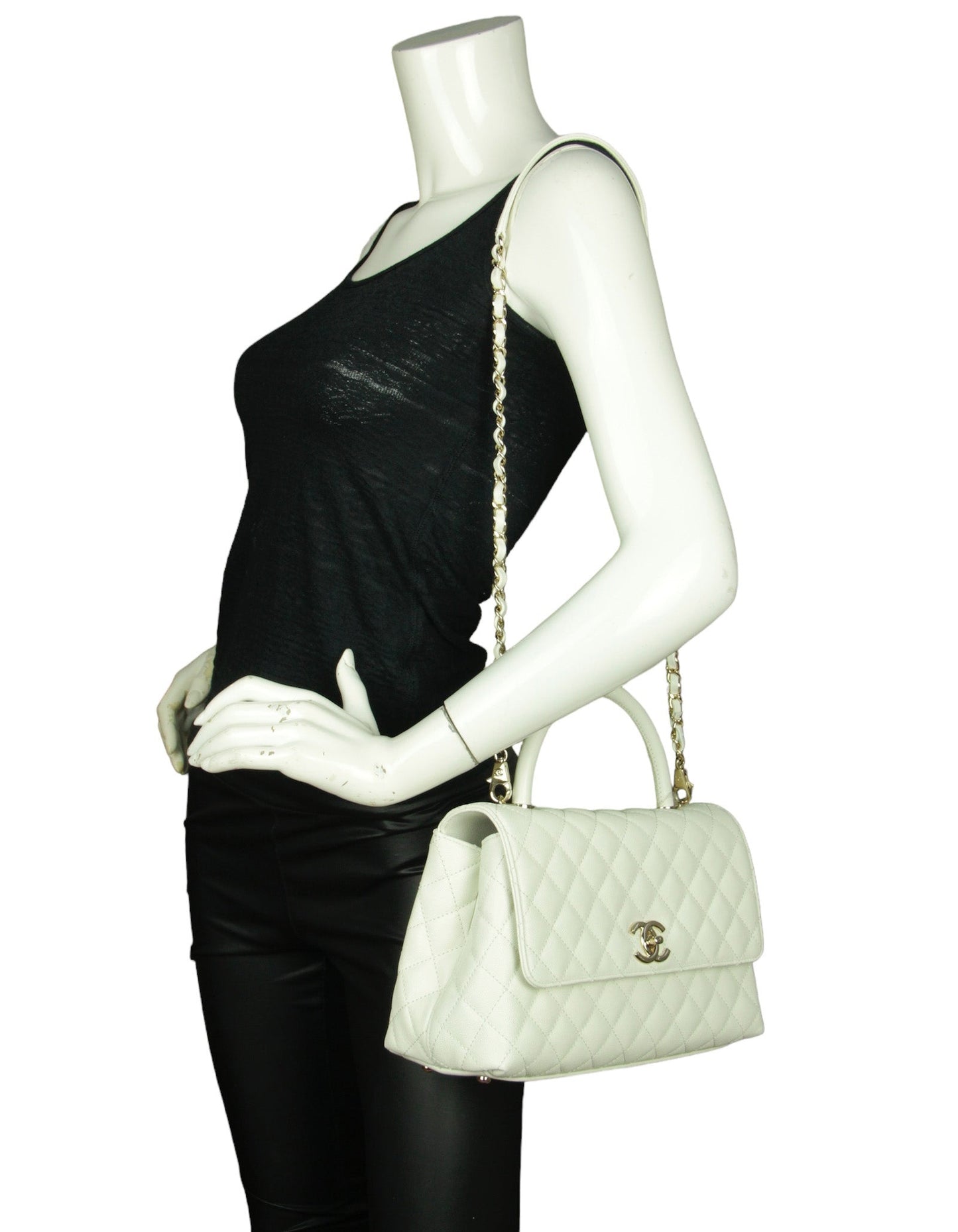 Chanel White Caviar Small Coco Handle Flap Bag - Rovelle Bags