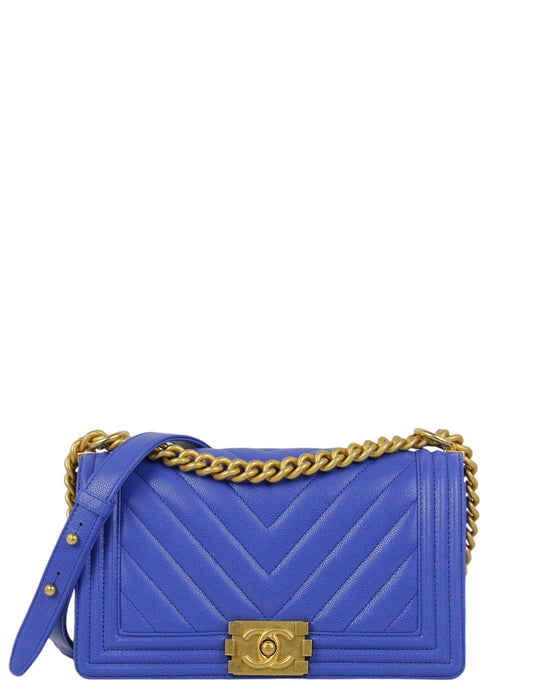 Chanel Cobalt Caviar Chevron Quilted Medium Handbag - Rovelle Bags