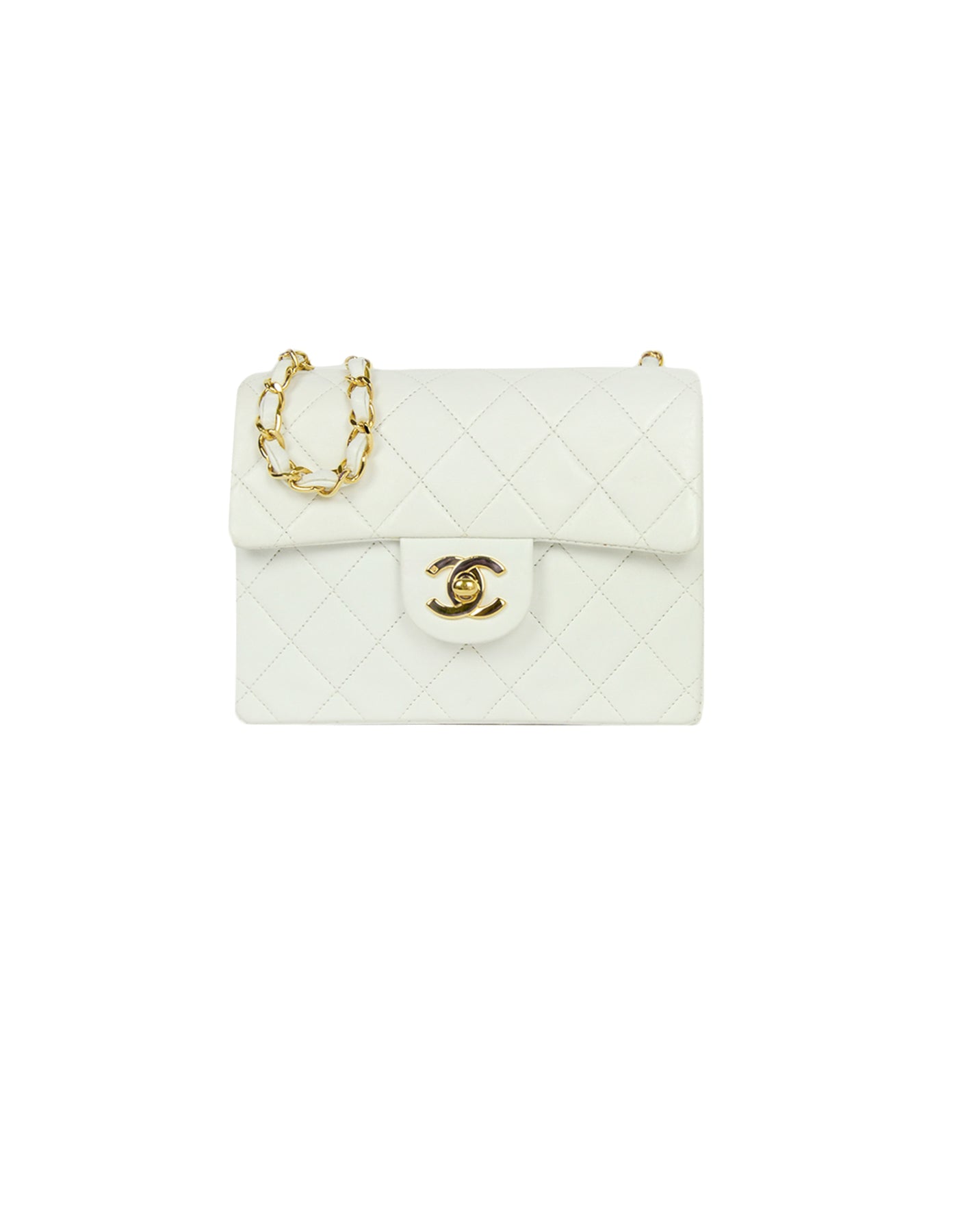 Chanel White Lambskin Leather Quilted Square Flap Bag - Rovelle Bags