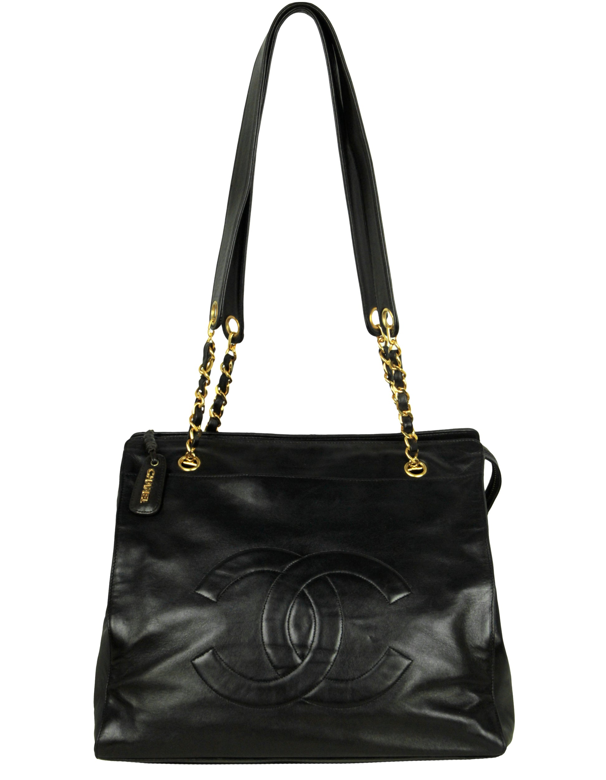 Chanel Black Lambskin Leather CC Logo Tote Bag - Rovelle Bags