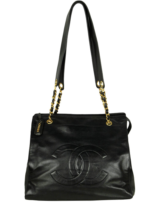 Chanel Black Lambskin Leather CC Logo Tote Bag - Rovelle Bags