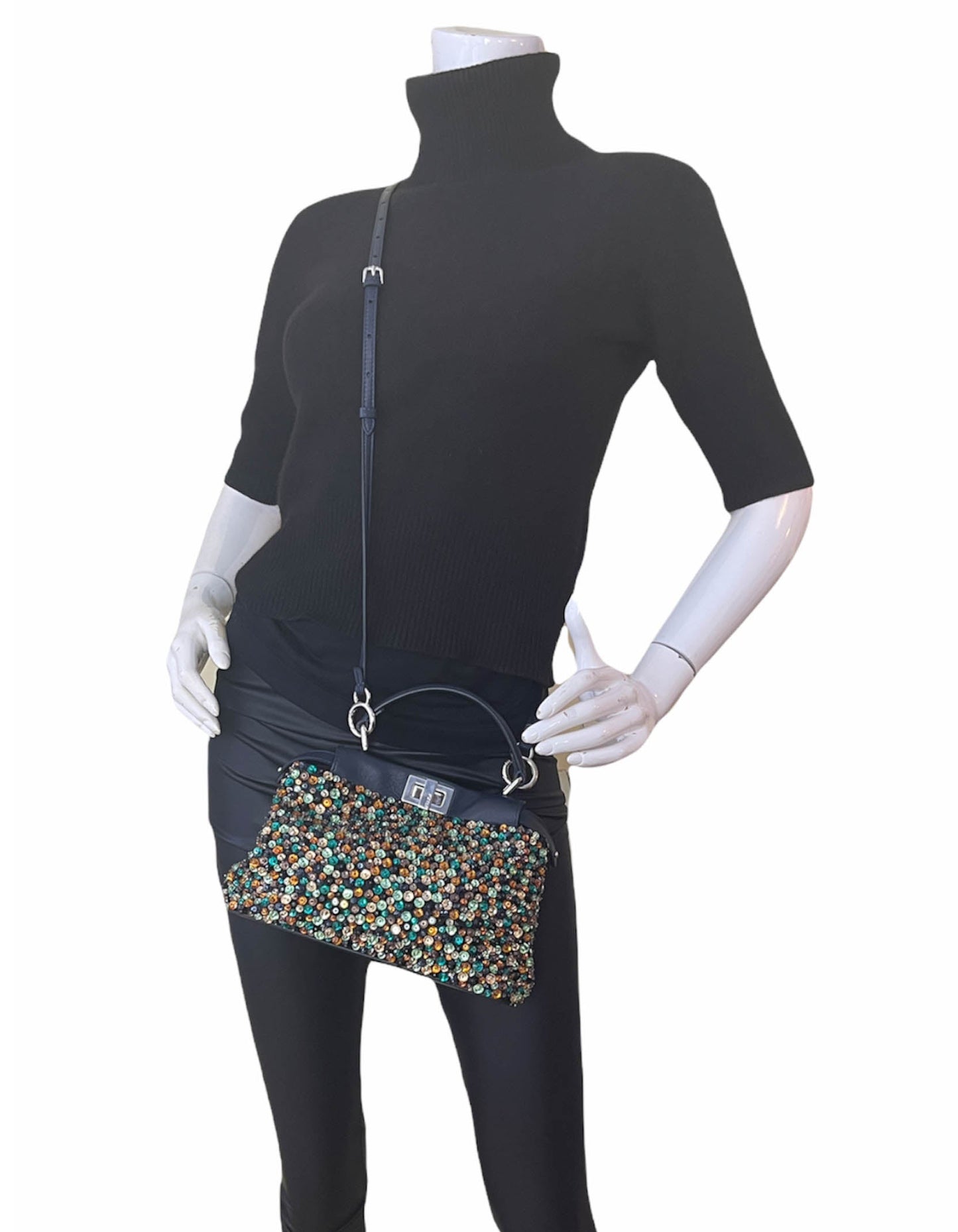 Fendi Navy Leather Mini Peekaboo Crossbody w/ Multicolor Jewels