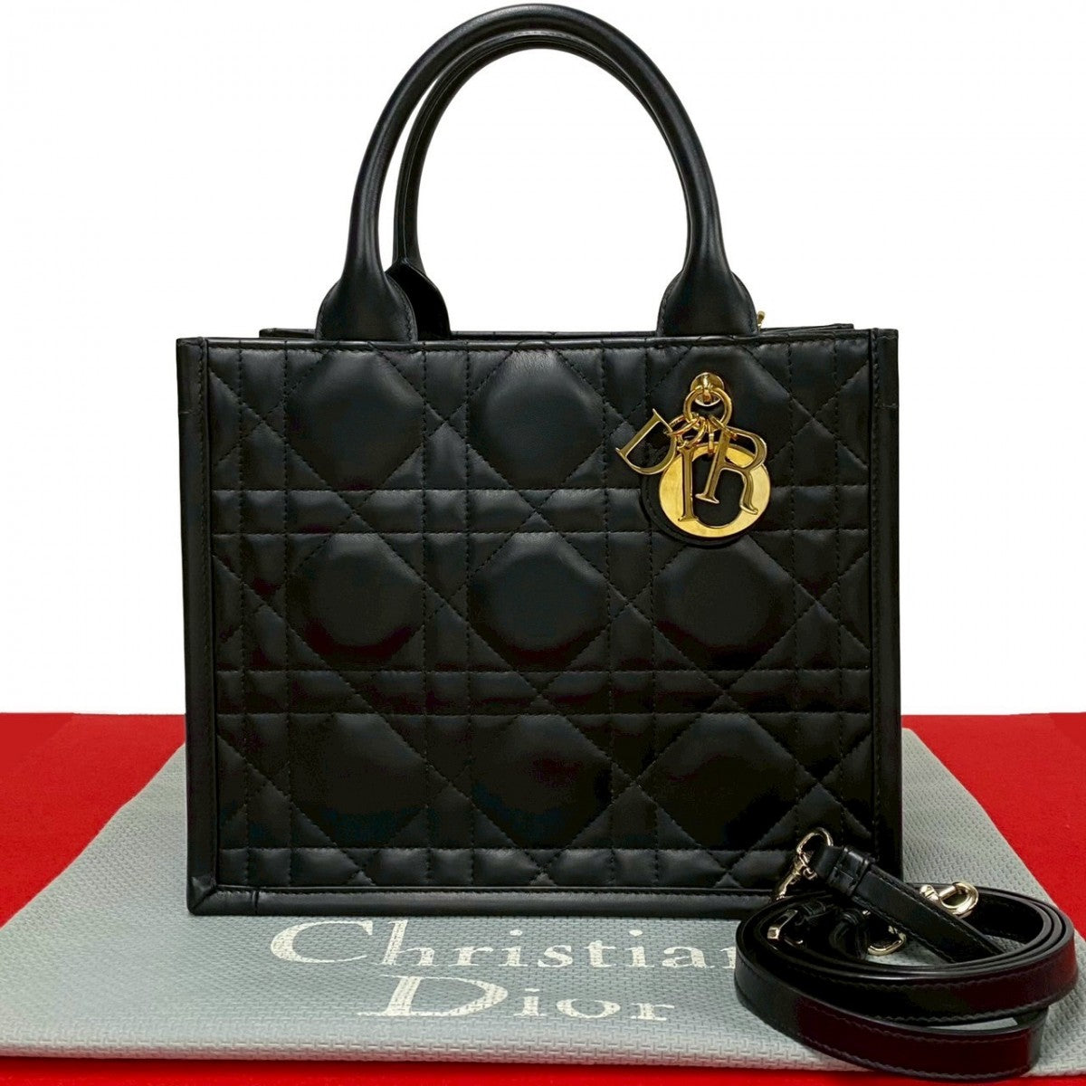 Dior Shoulder Bag leather black Macrocannage Book Tote Women