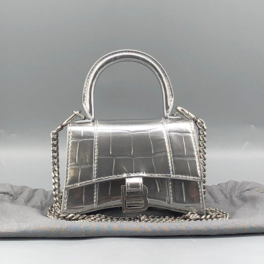 Balenciaga Silver Croc Embossed micro Hourglass Top Handle Bag