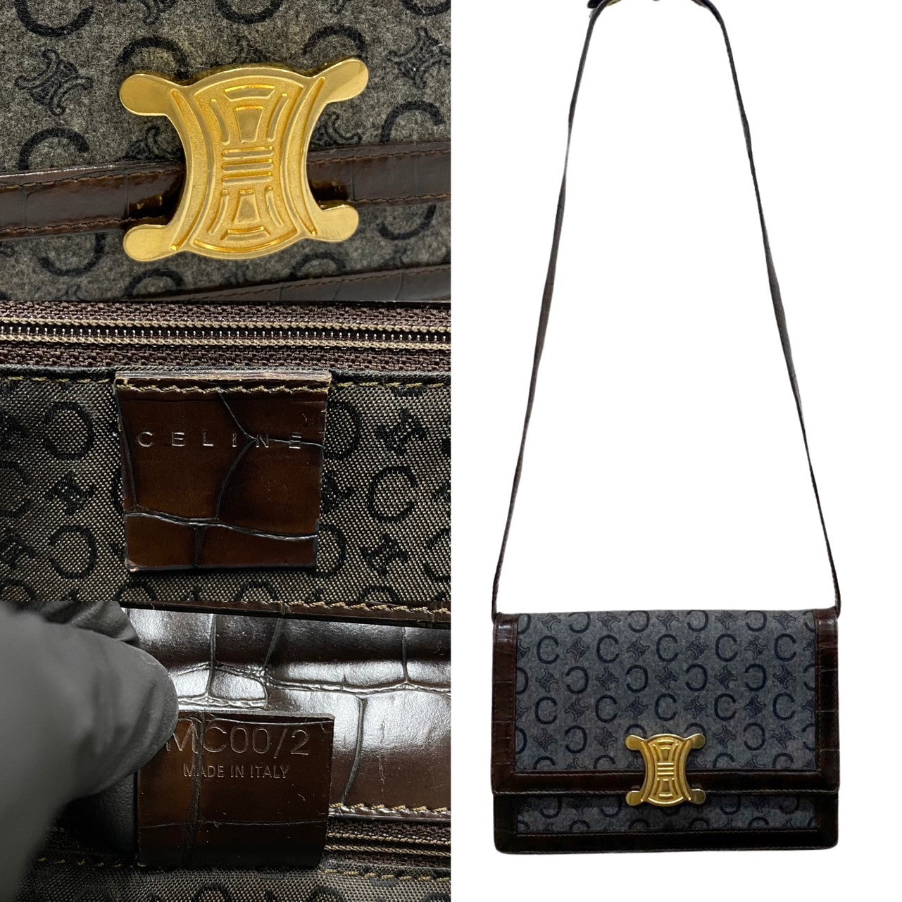 CELINE Shoulder Bag Leather, Wool Brown C Macadam logo Metal Women