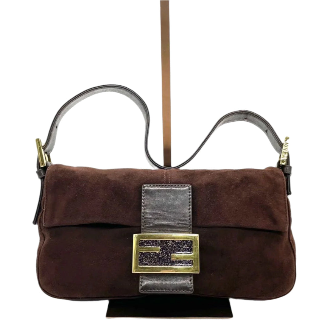 Fendi Baguette Dark Chocolate Brown Suede Leather Shoulder Bag