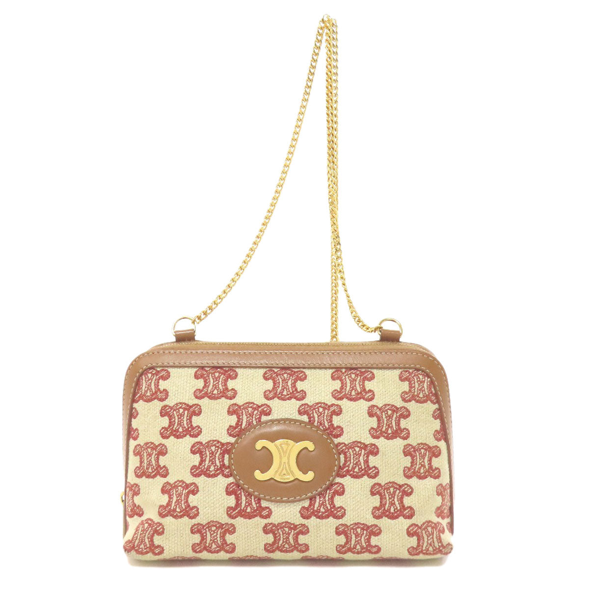 CELINE Shoulder Bag canvas Brown Triomphe Clutch with Chain