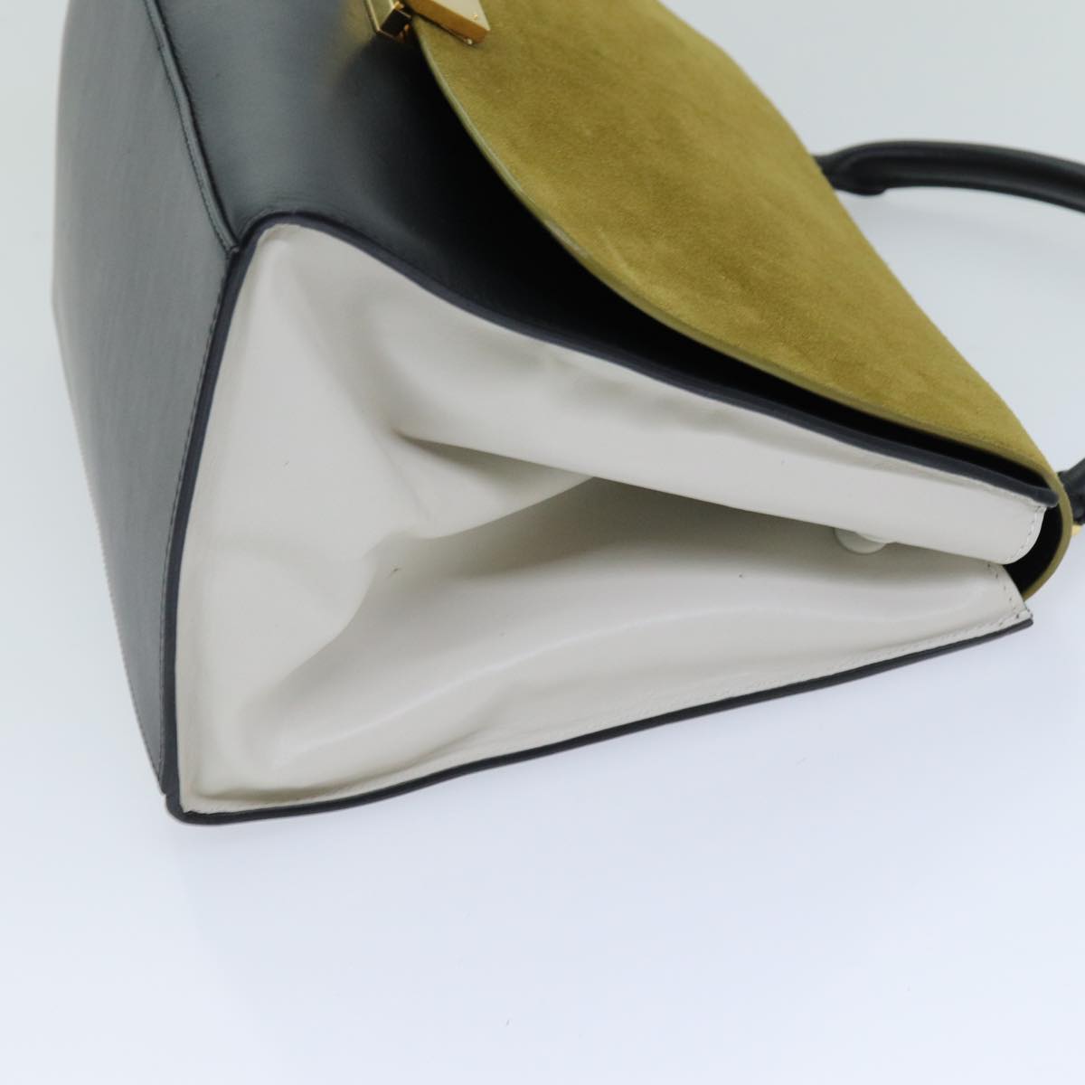 Luxury CELINE Trapeze Hand Bag Suede Leather 2way Black Khaki 76216