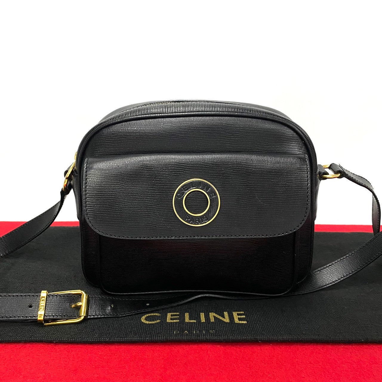 CELINE Shoulder Bag leather black Circle logo Women(Unisex)