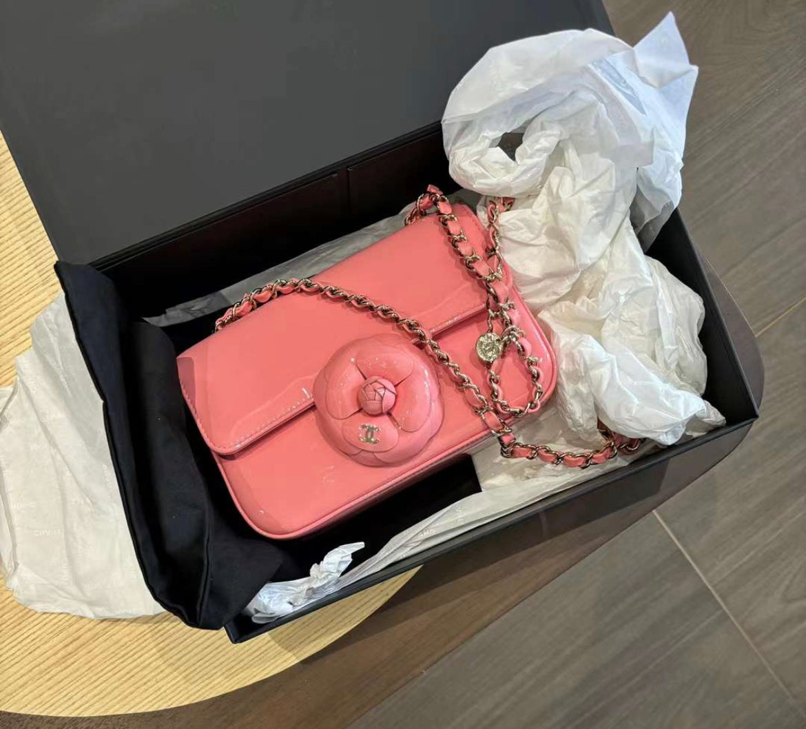 Chanel 23K Pink Patent Leather Camellia Large Mini Shoulder Bag
