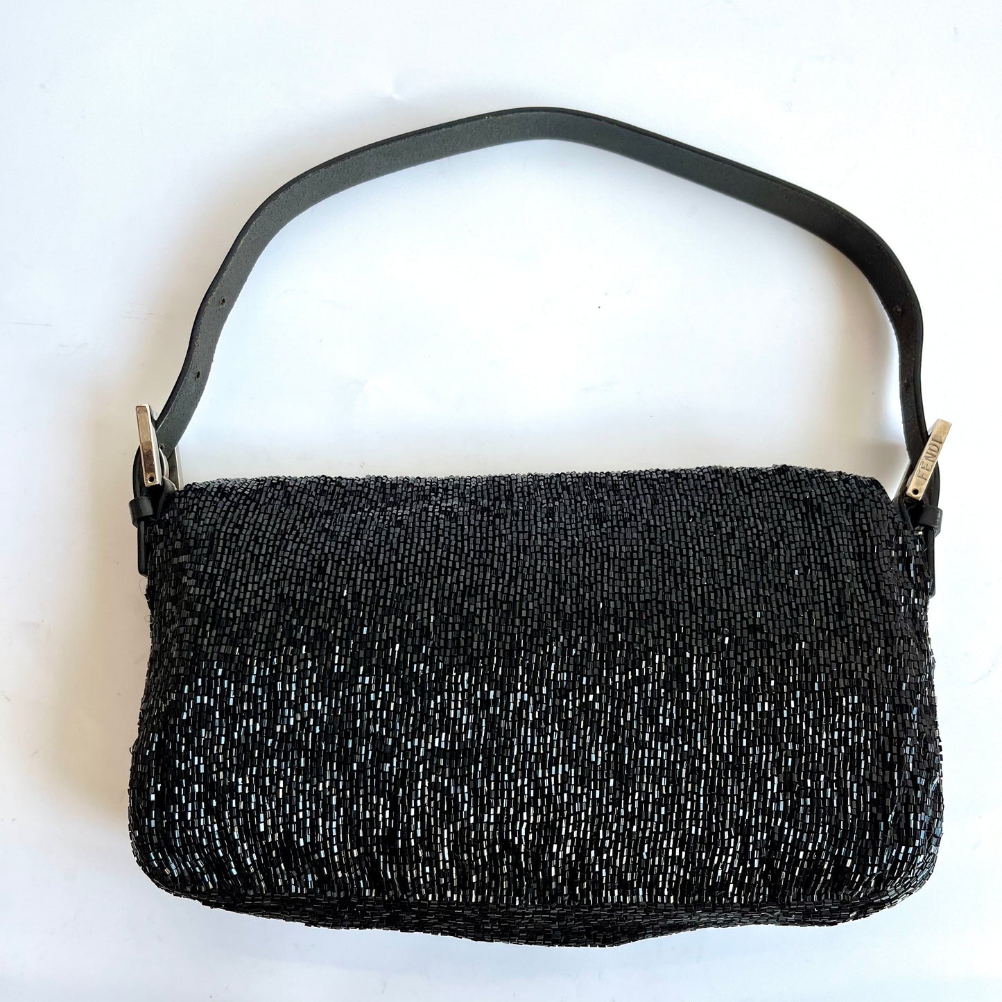 Fendi Baguette Black Glitter Beads Shoulder Bag Blue Silk Interior
