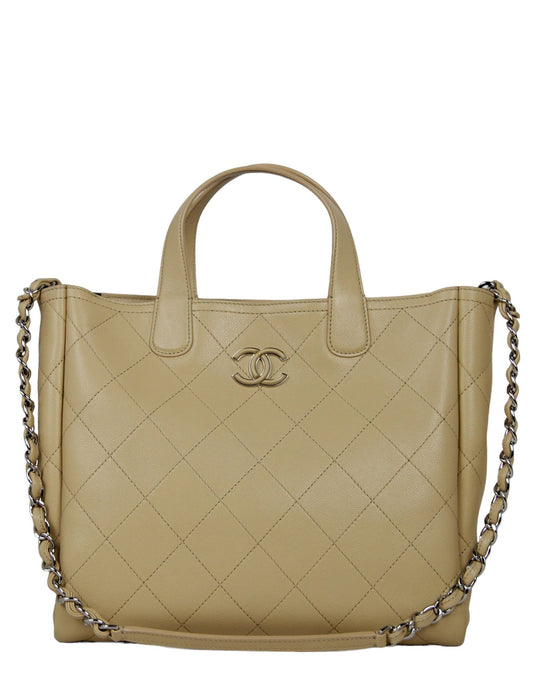 Chanel Beige Caviar Quilted CC Shopping Tote Bag - Rovelle Bags