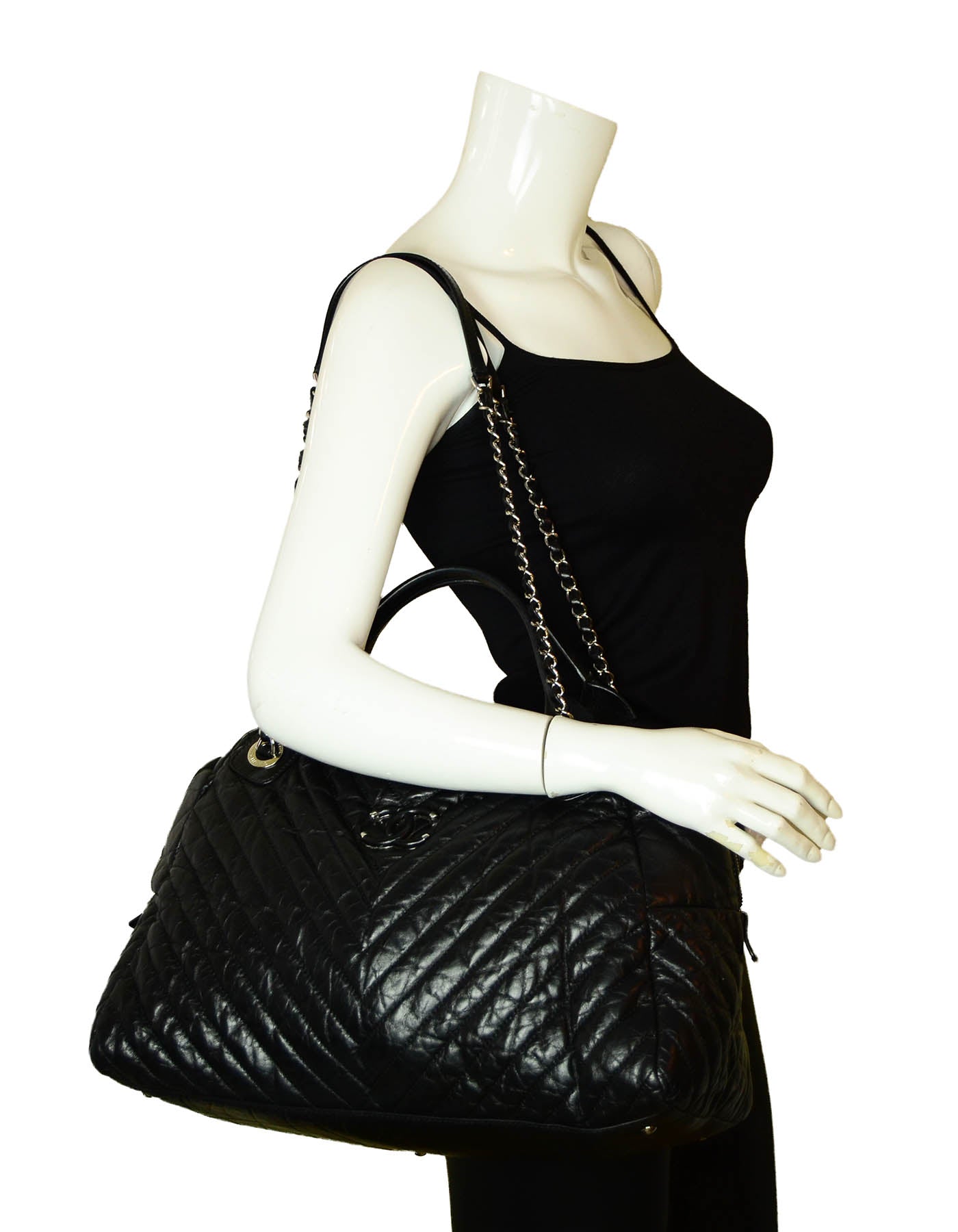 Chanel Black Aged Calfskin Leather Chevron Handbag - Rovelle Bags
