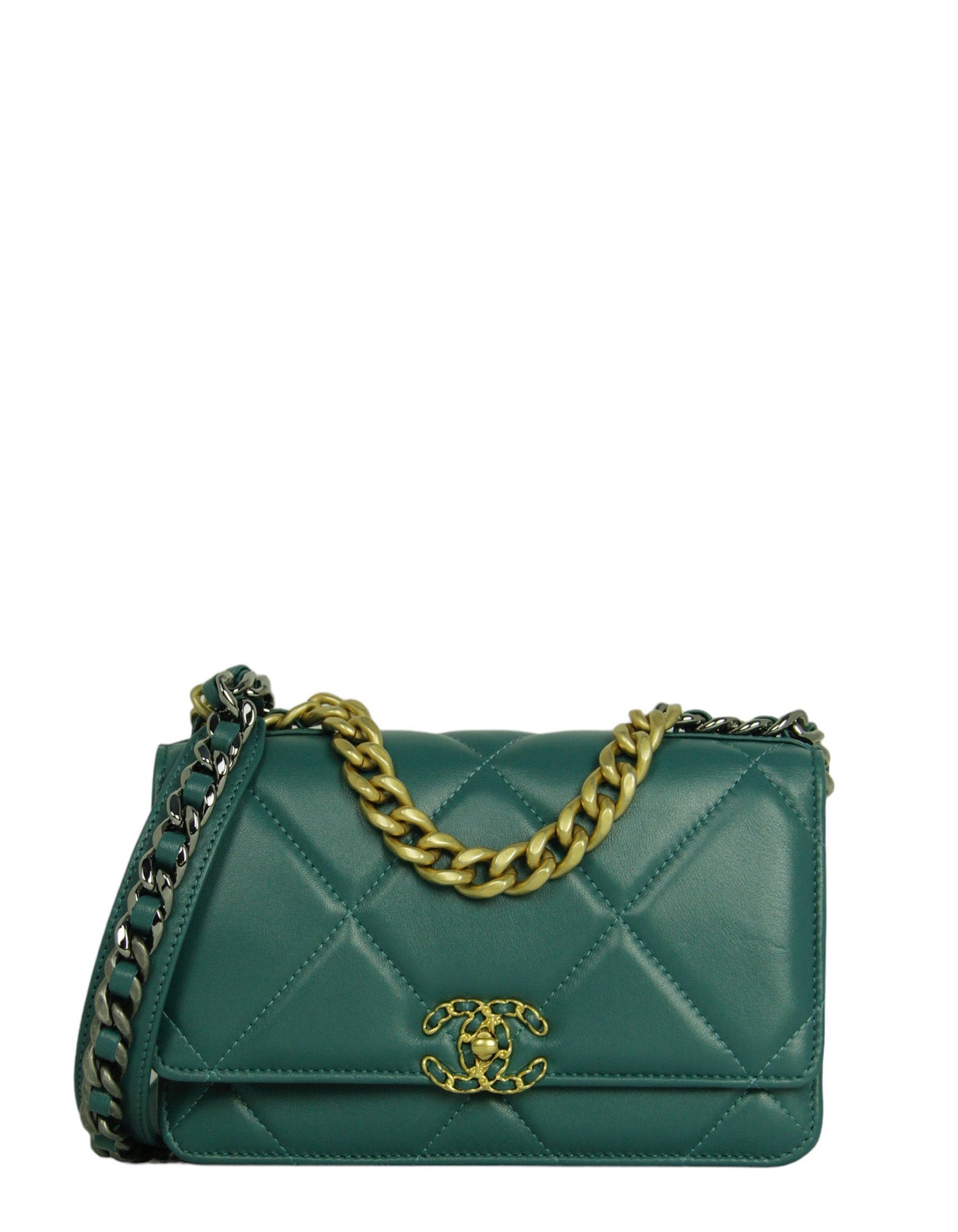 Chanel Blue-Green Lambskin Quilted 19 Wallet Crossbody Bag - Rovelle Bags