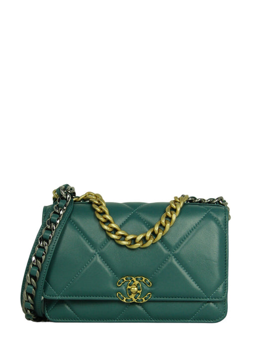 Chanel Blue-Green Lambskin Quilted 19 Wallet Crossbody Bag - Rovelle Bags