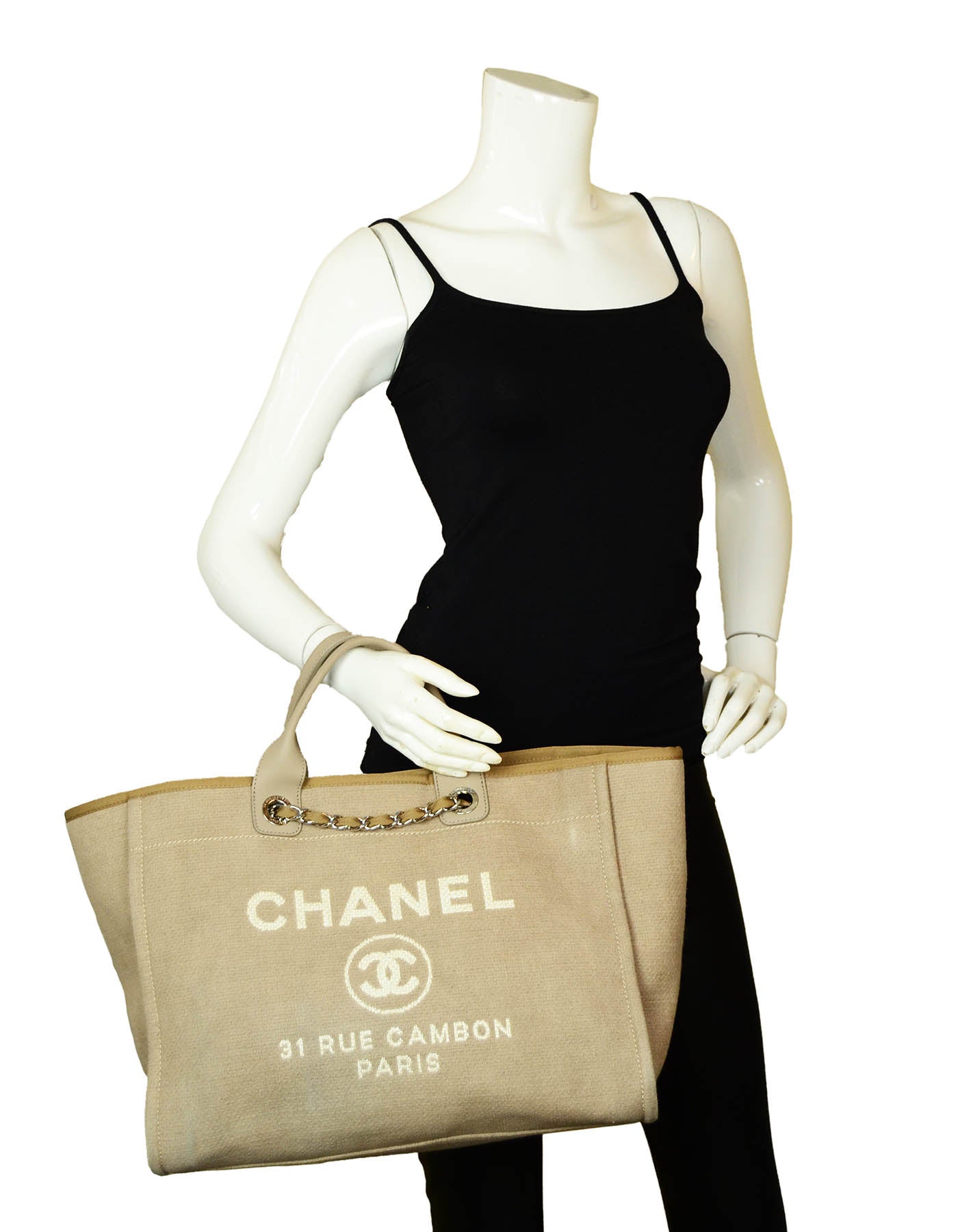 Chanel Ecru Beige Canvas Medium Deauville Tote Bag - Rovelle Bags