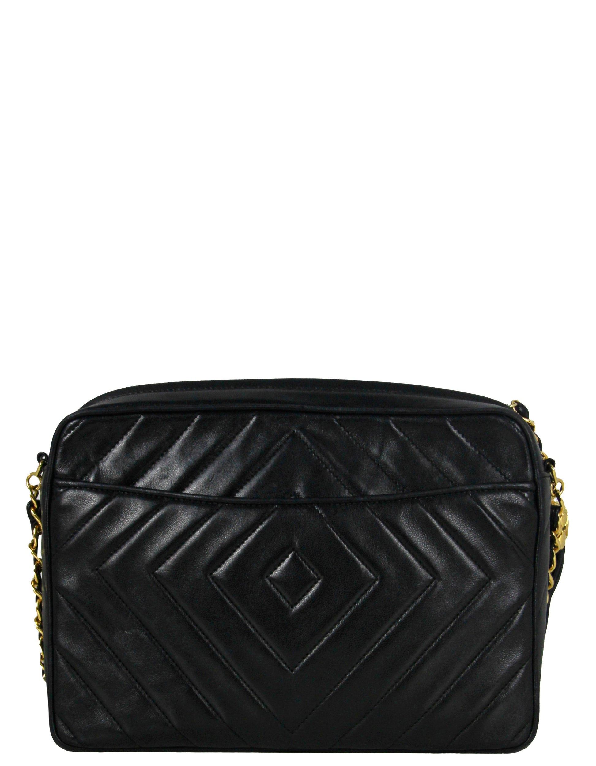 Chanel Black Lambskin Leather Diamond Quilted Camera Bag - Rovelle Bags