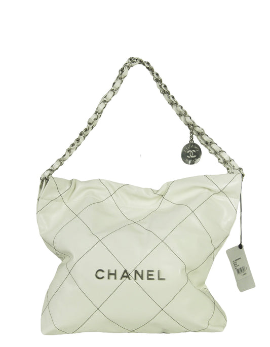 Chanel White Leather Quilted Chanel 22 Tote Bag - Rovelle Bags