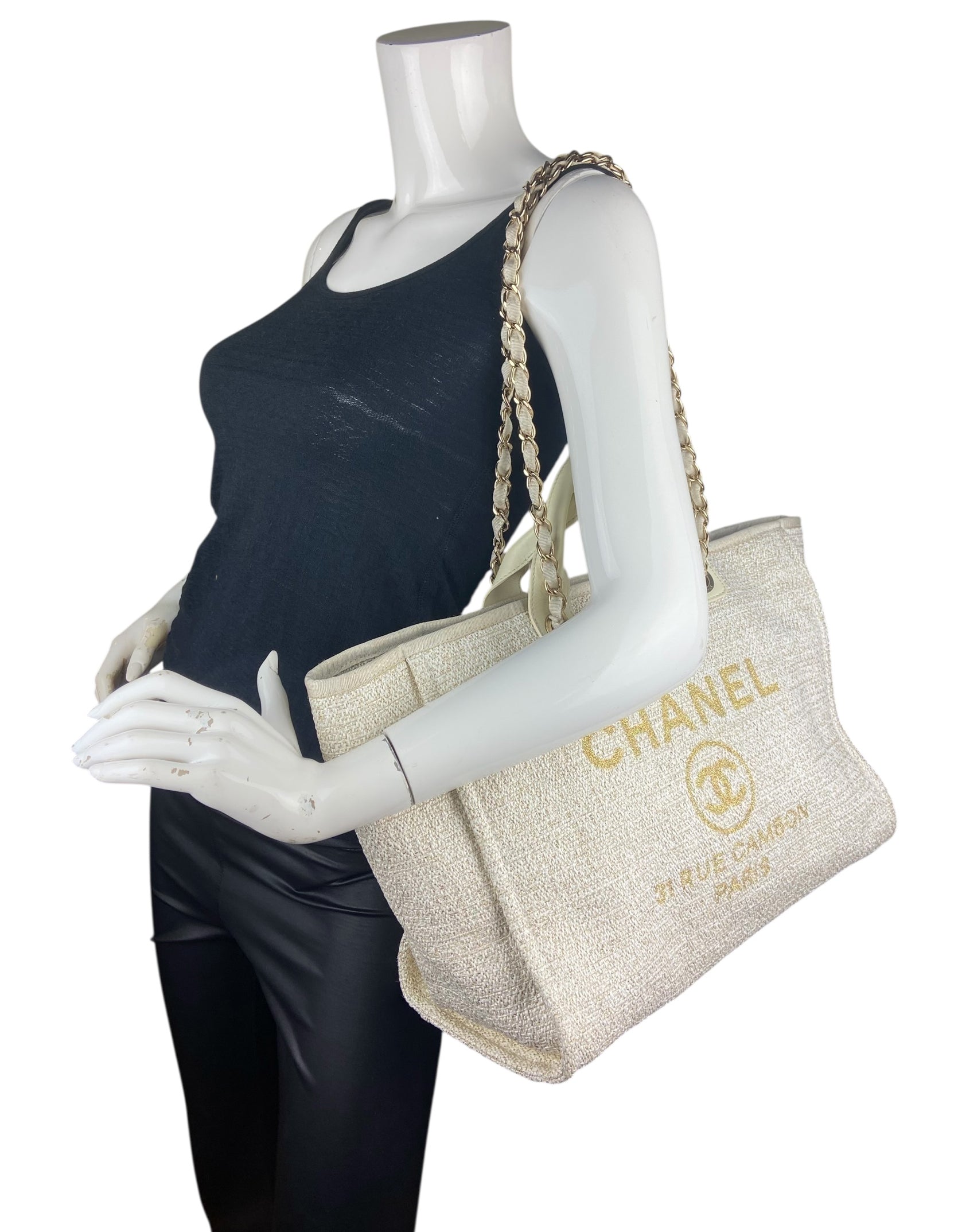 Chanel White/Gold Canvas Medium Deauville Tote Tote Bag - Rovelle Bags