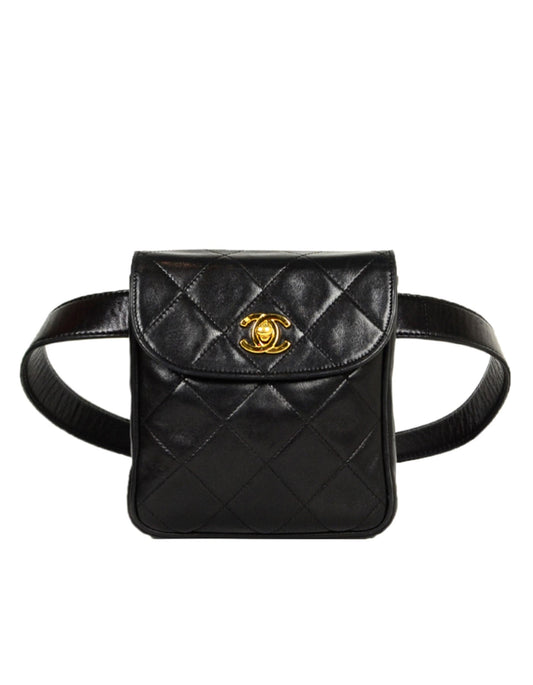 Chanel '90s Black Lambskin Quilted Belt Handbag - Rovelle Bags