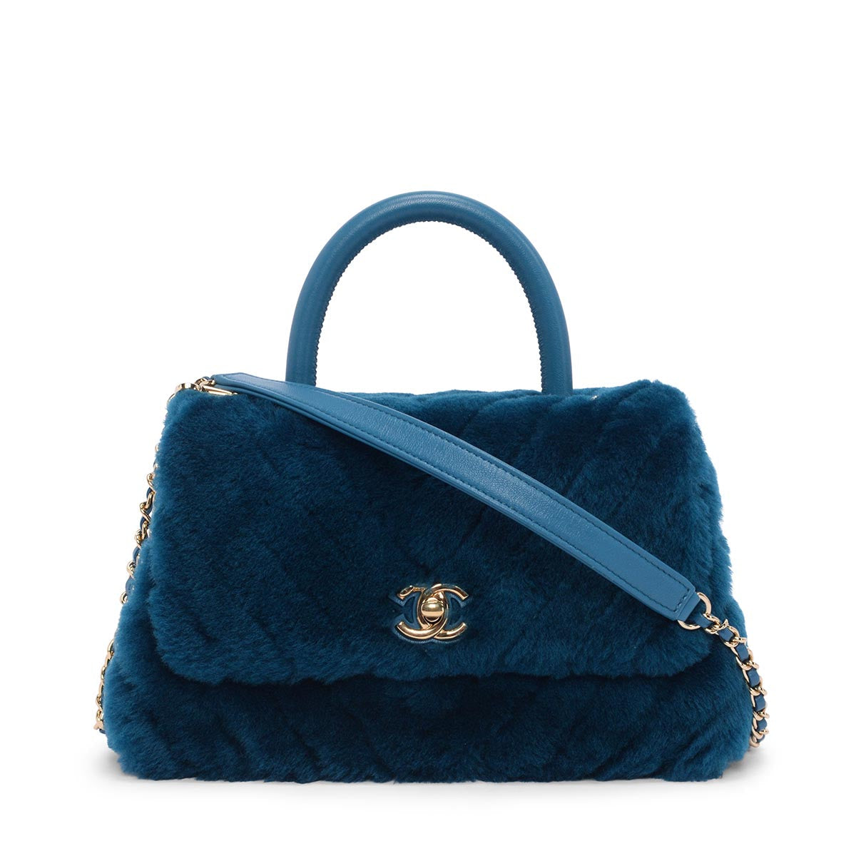Chanel Teal Shearling Small Coco Handle Handbag - Rovelle Bags