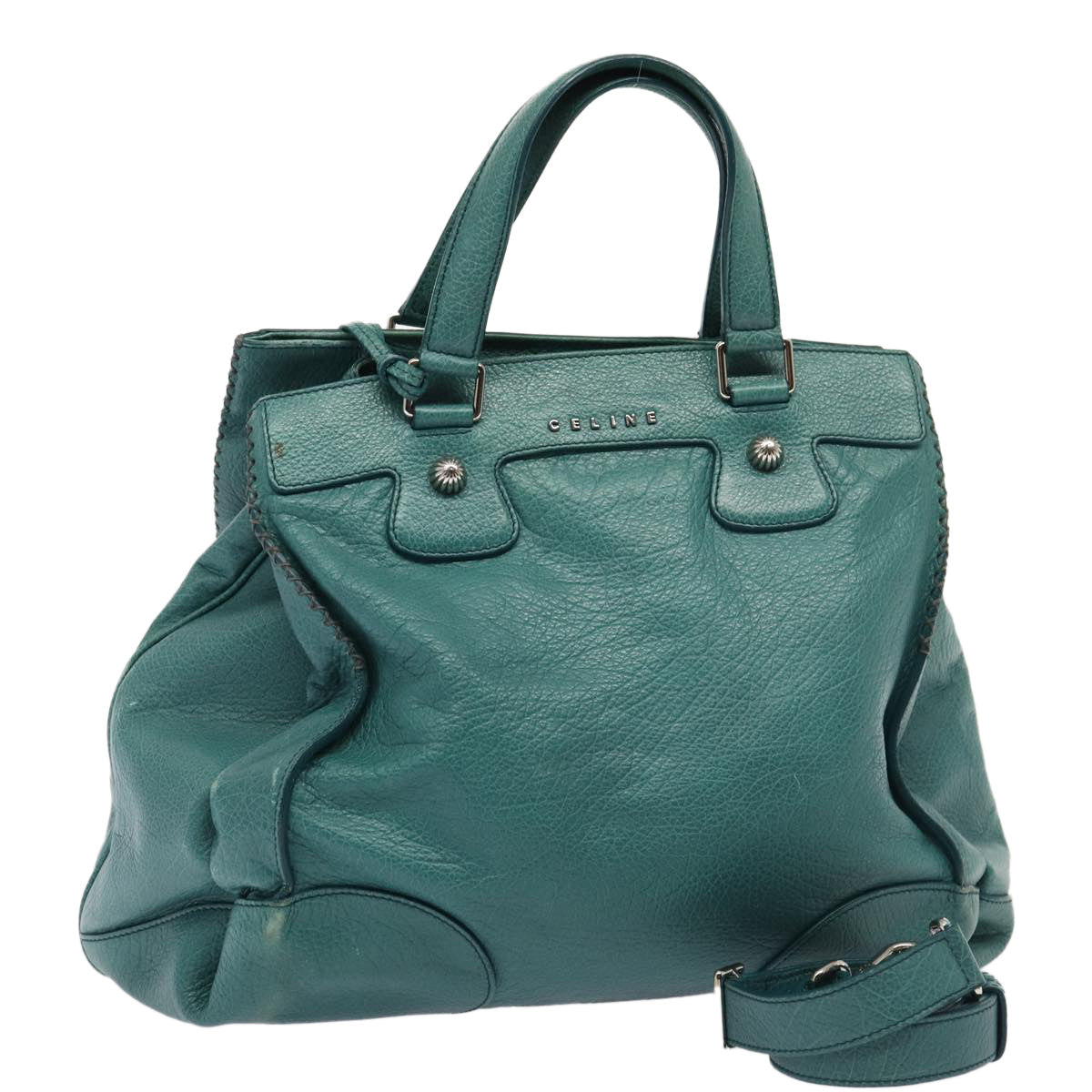 Luxury CELINE Hand Bag Leather 2way Turquoise Blue 80082