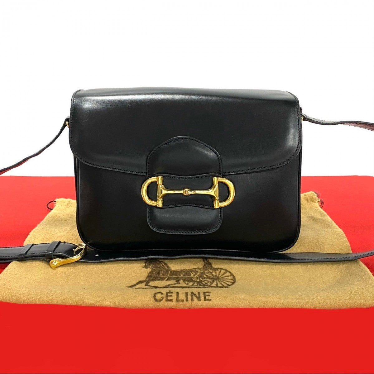 CELINE Shoulder Bag leather black Horsebit Metal Women