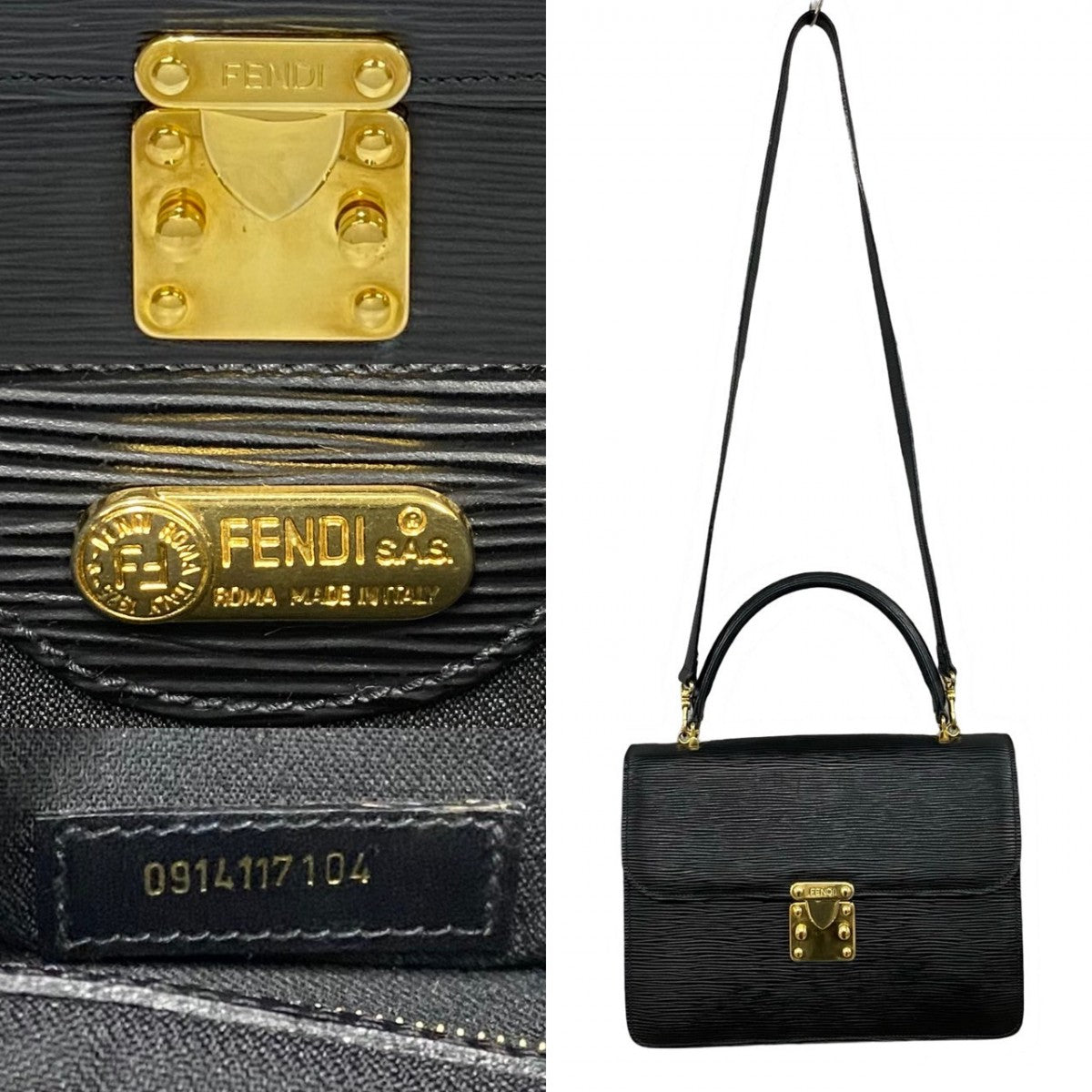 FENDI Shoulder Bag Epi Leather black FF logo Metal Women