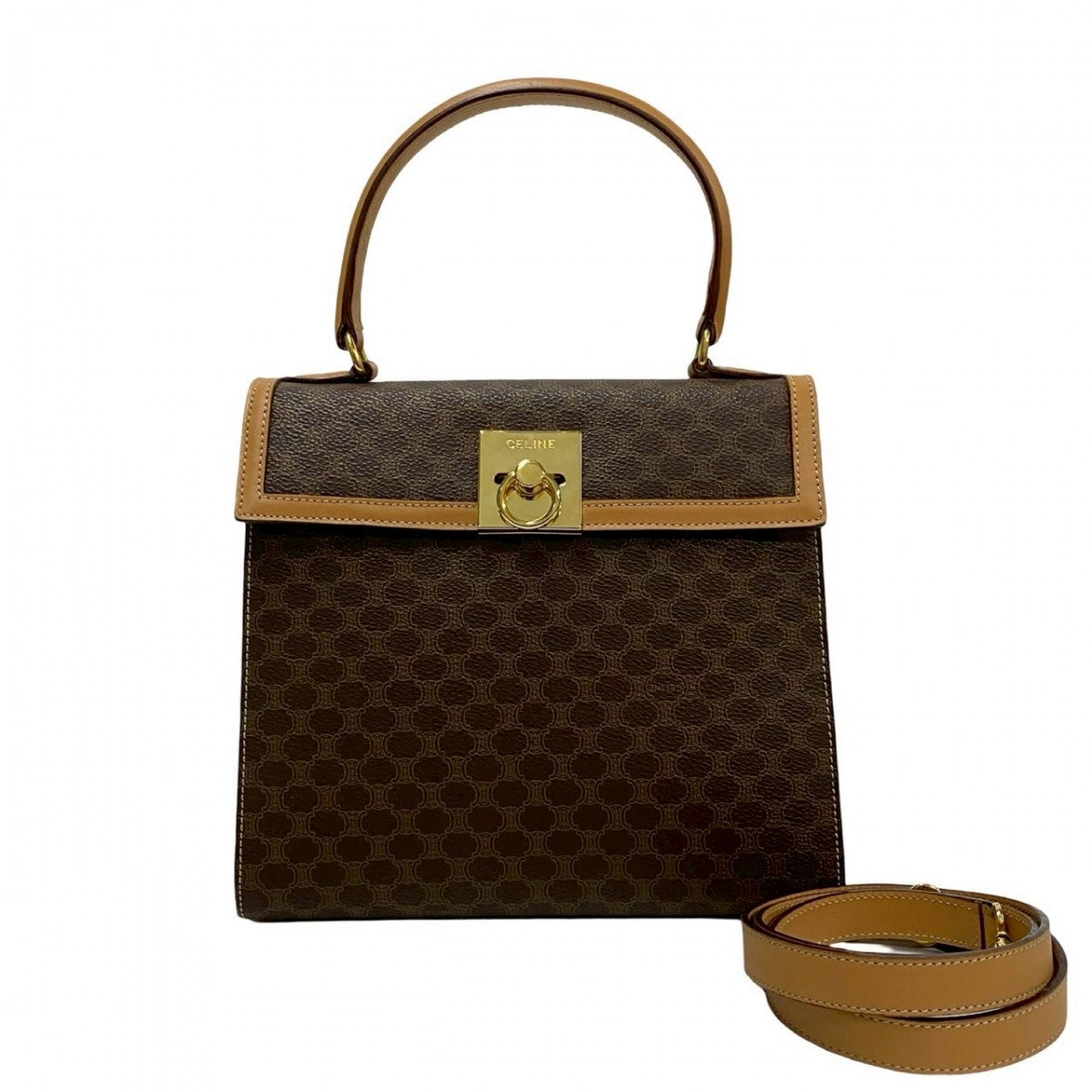 CELINE Shoulder Bag Leather, PVC Brown Macadam Blason Pattern logo ring Metal Women