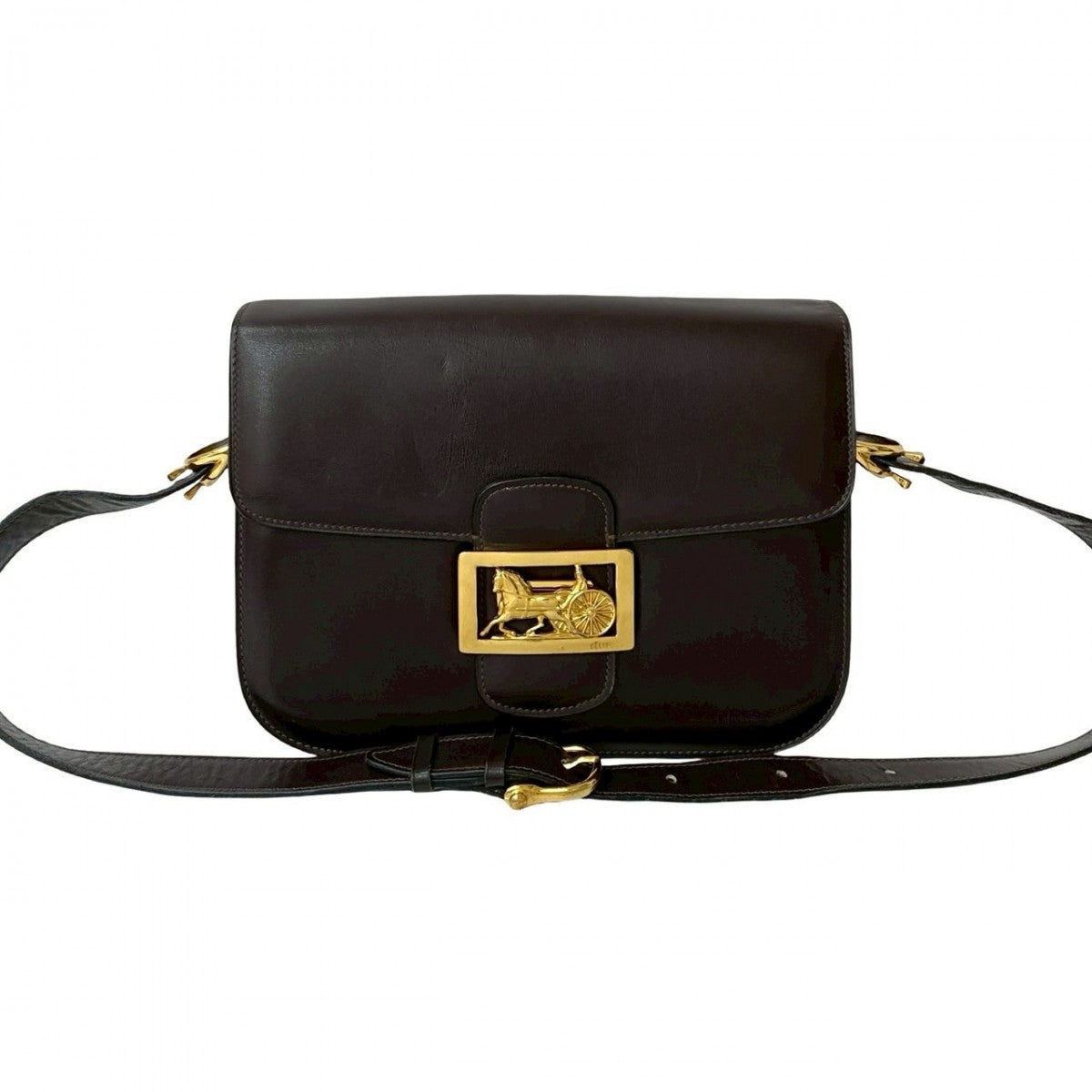 CELINE Shoulder Bag leather Brown logo carriage Metal Women