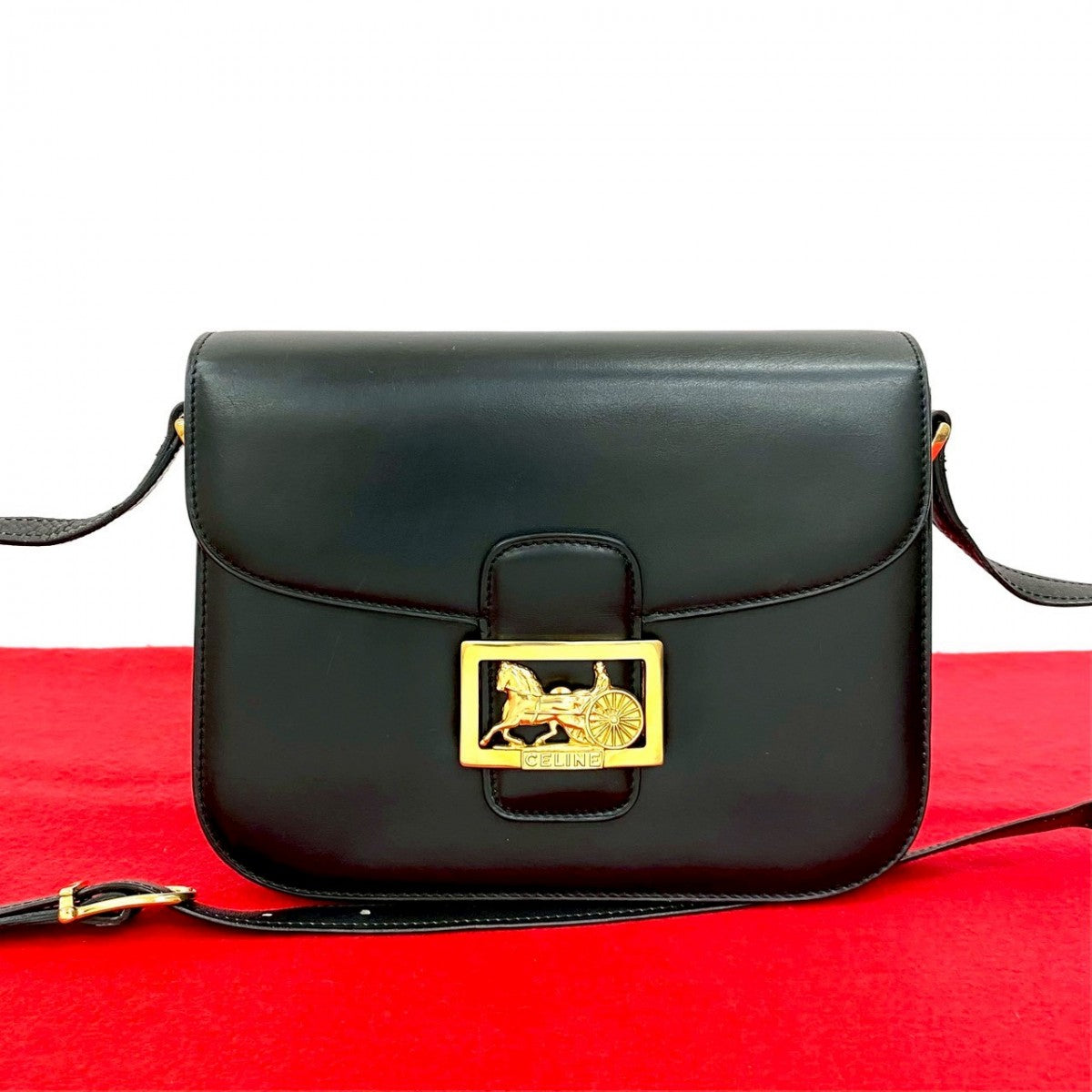 CELINE Shoulder Bag leather black Carriage Metal Women